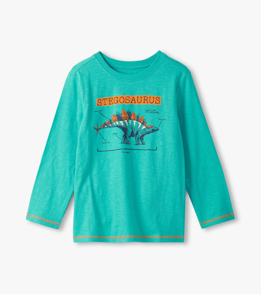 Turquoise long sleeve tee featuring a colorful stegosaurus graphic and text, perfect for casual wear.