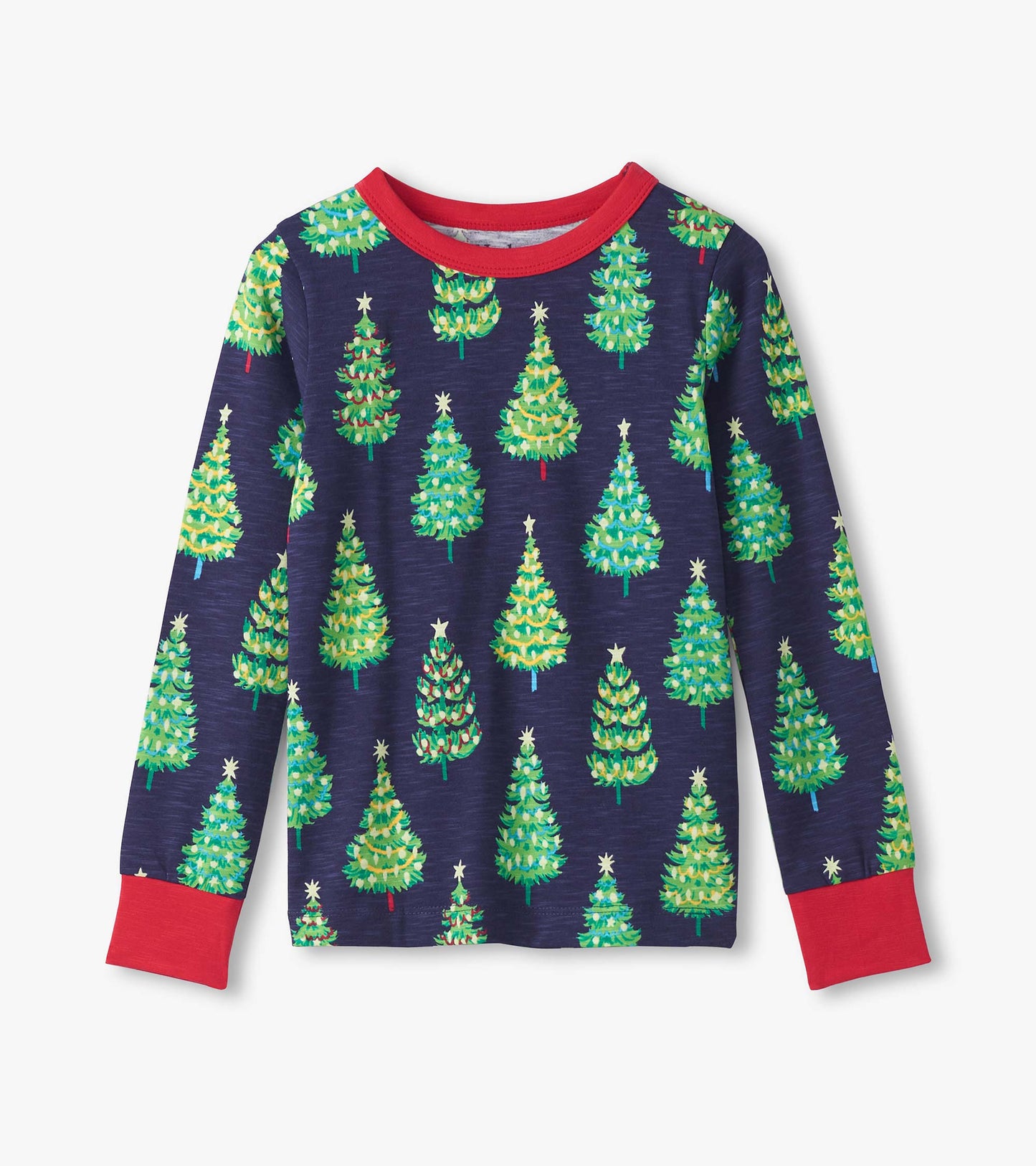 Navy cotton pajama top featuring colorful bottle brush trees and a red crew neck and cuffs.