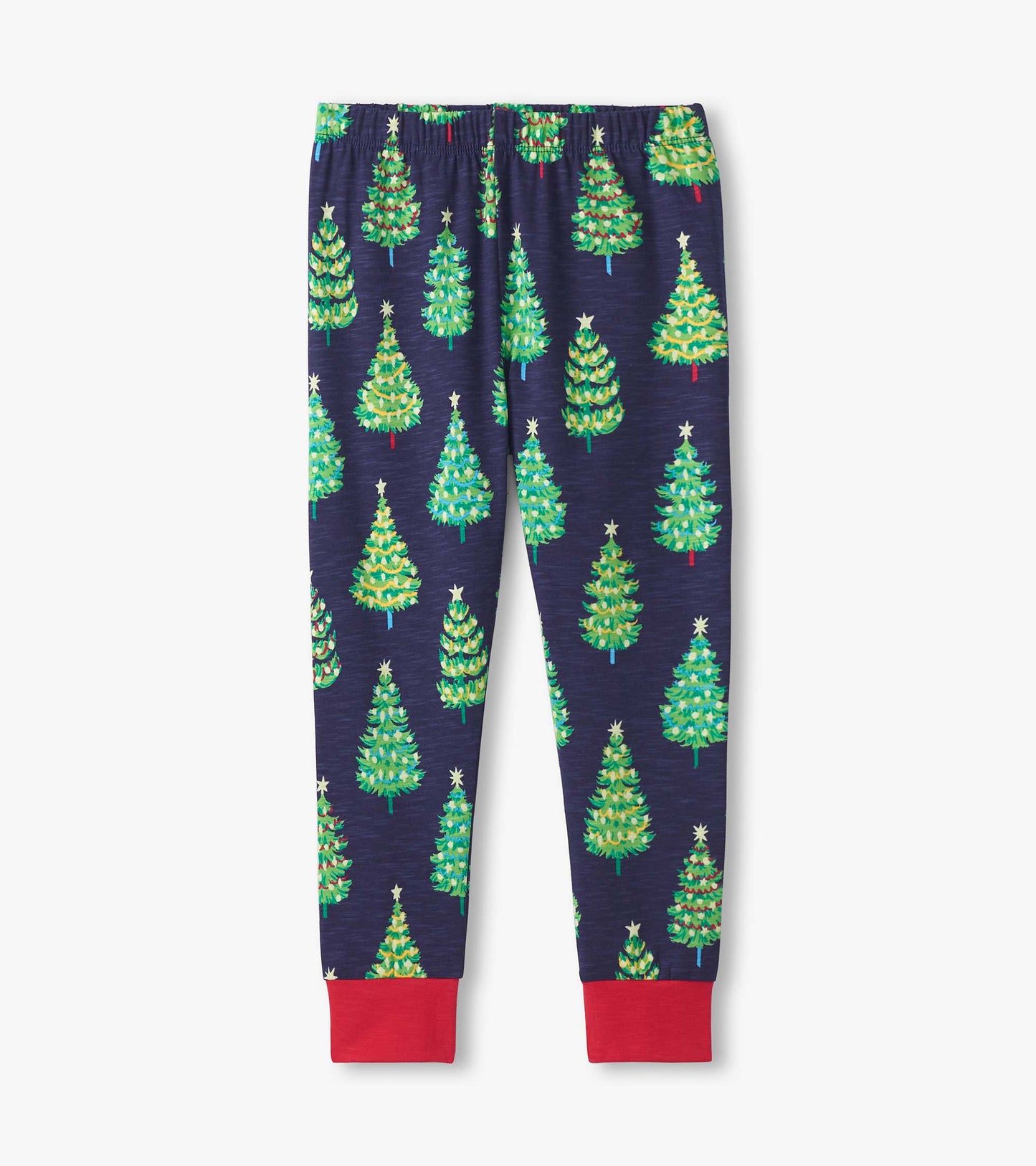 Navy cotton pajama pants featuring colorful Christmas tree patterns and red cuffs. Ideal for cozy sleepwear.