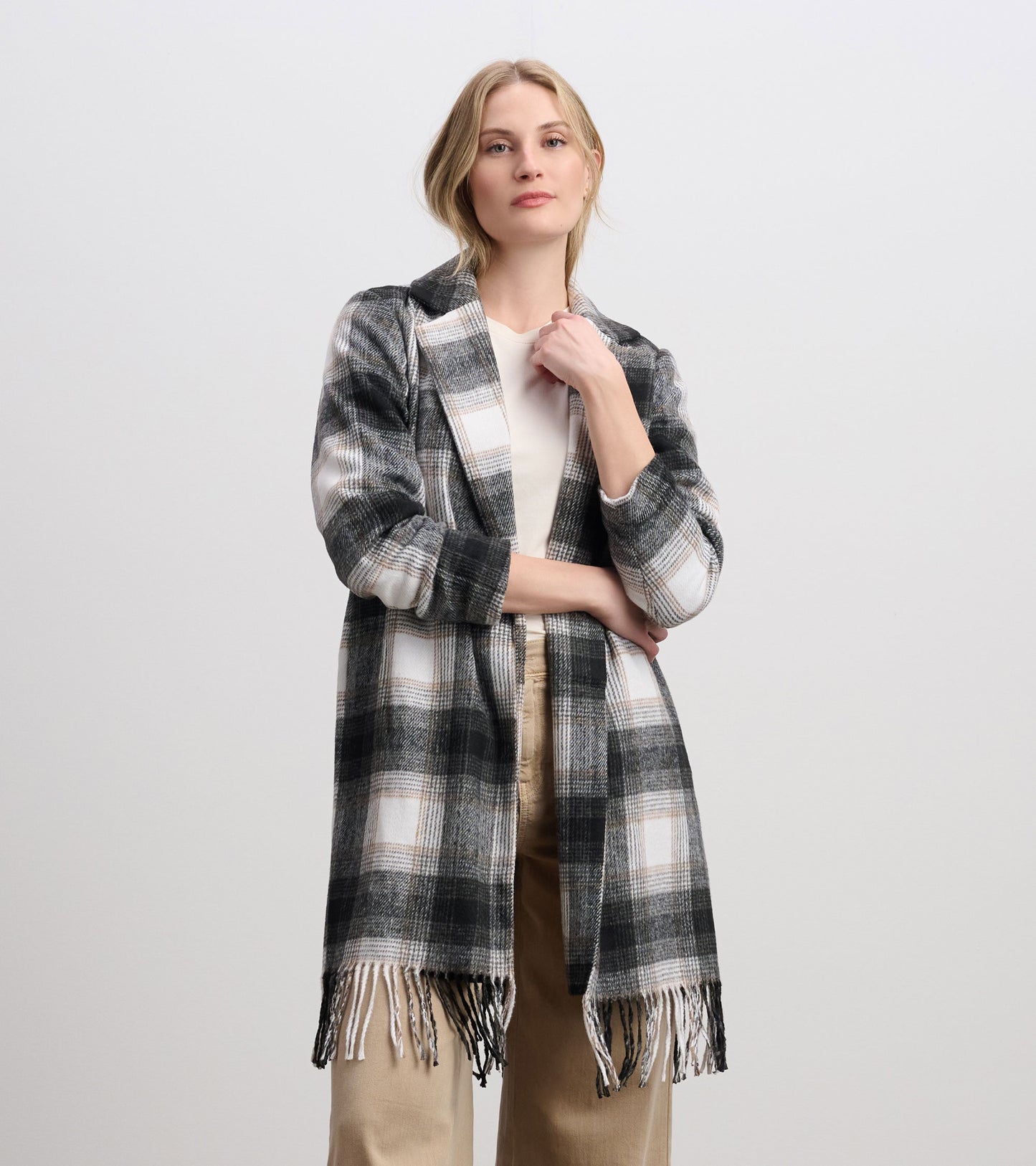 Fringe Jacket - Black and Taupe Plaid