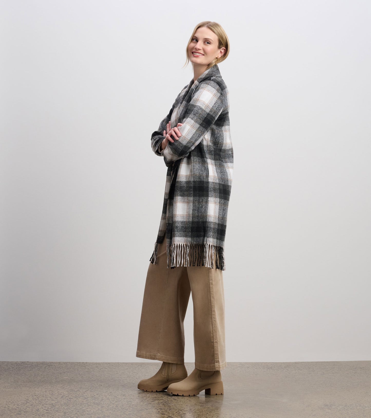 Fringe Jacket - Black and Taupe Plaid