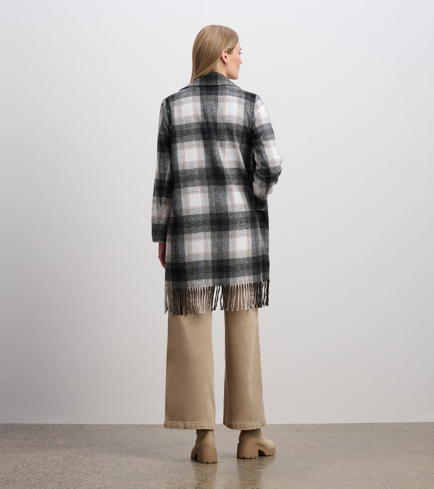 Fringe Jacket - Black and Taupe Plaid