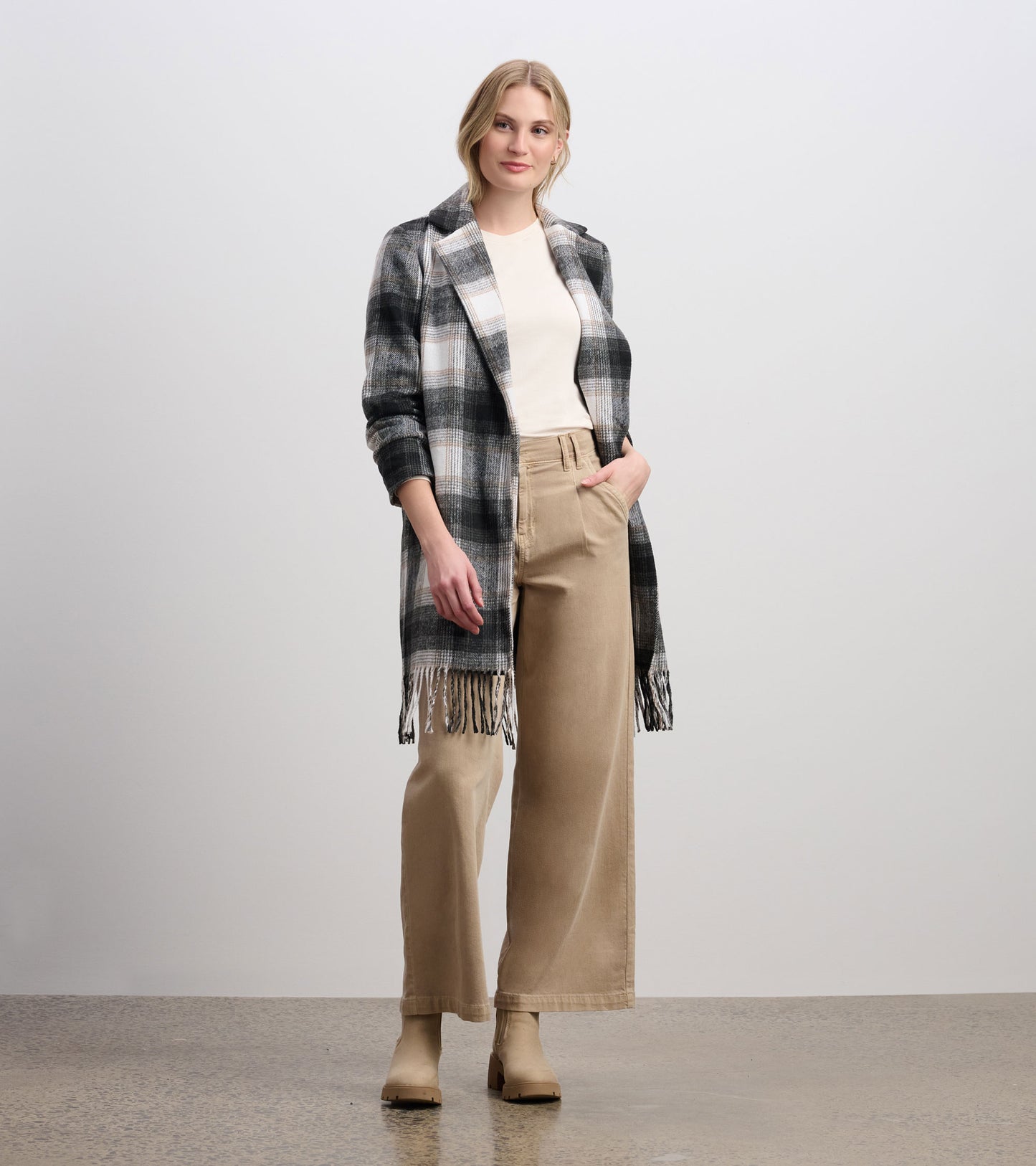 Fringe Jacket - Black and Taupe Plaid