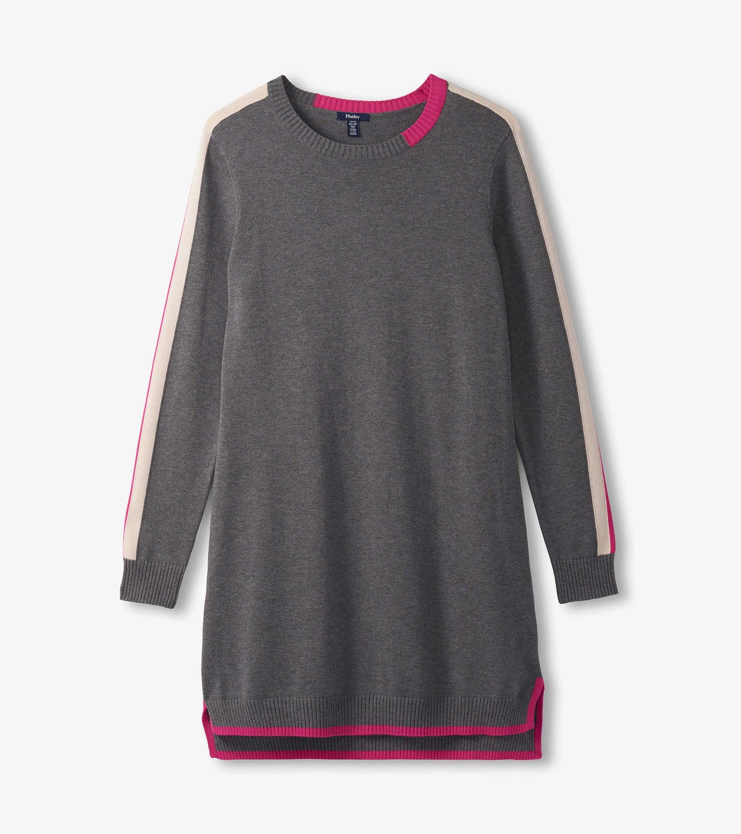 Charcoal sweater dress featuring contrast trim in pink and beige, with a relaxed fit and crew neckline.
