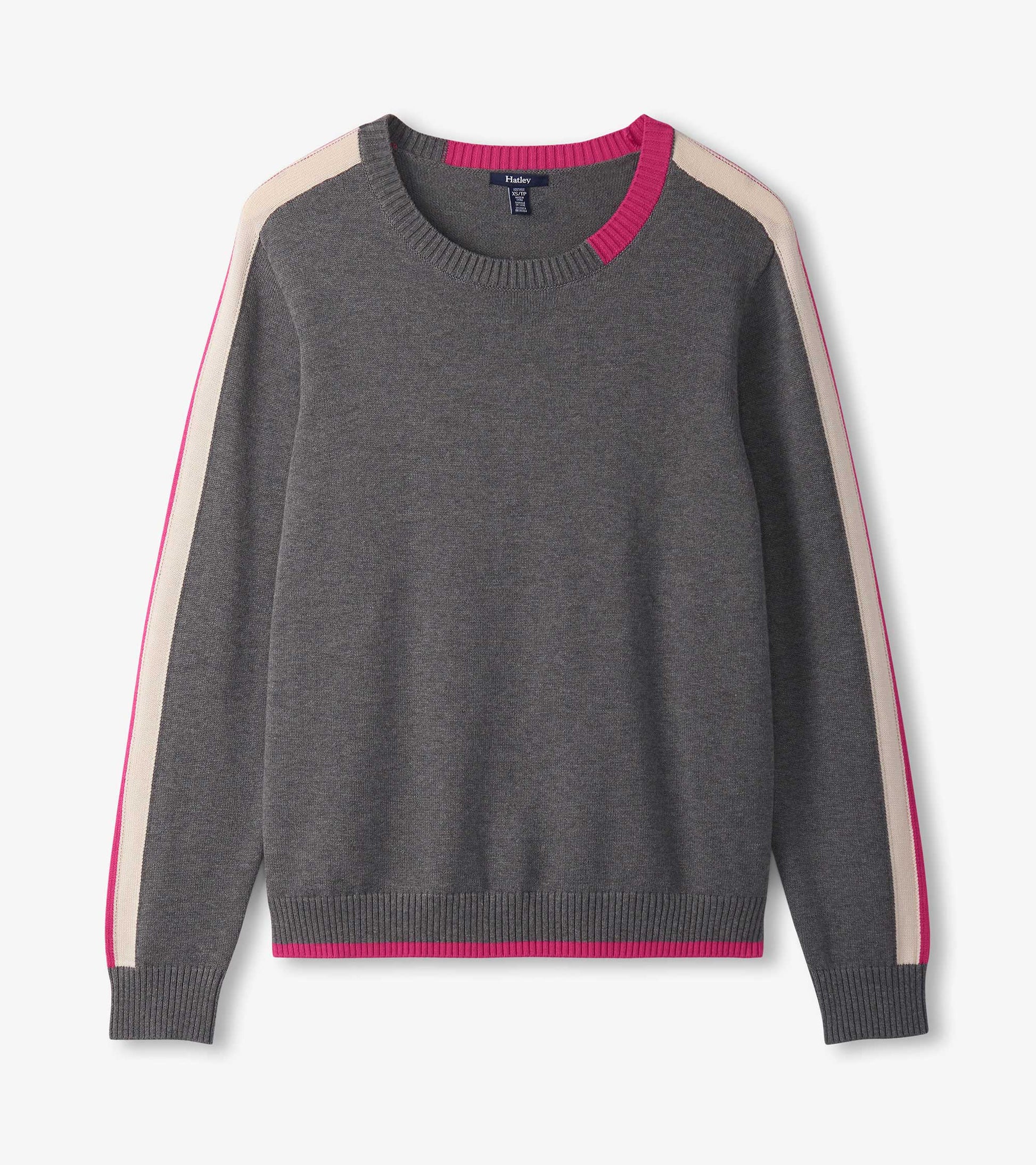 Charcoal sweater featuring contrast trim in pink and cream, with a crew neckline and long sleeves.