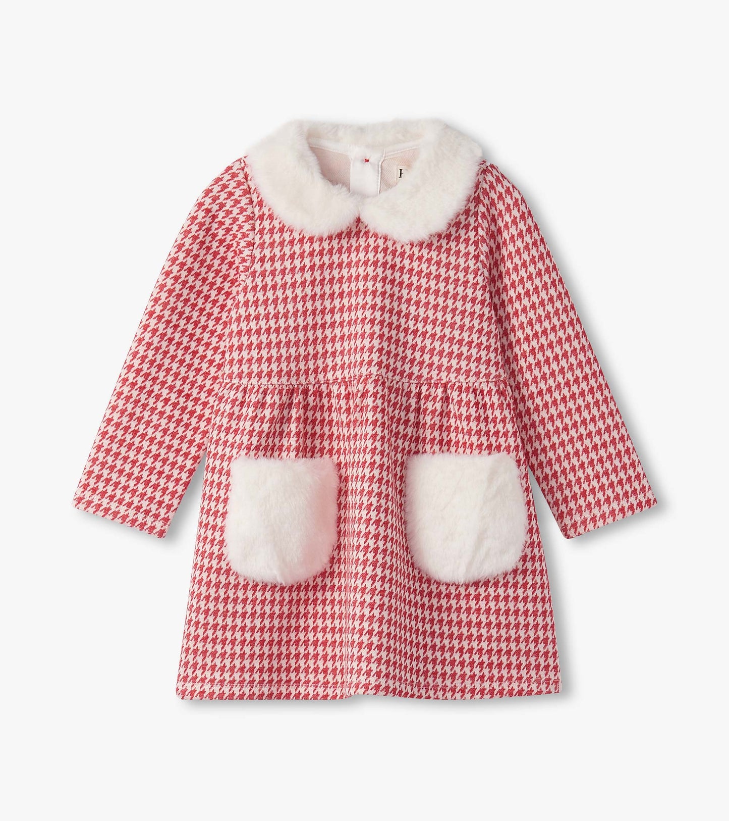 Red houndstooth dress with a faux fur collar and pockets, designed for baby and toddler girls.