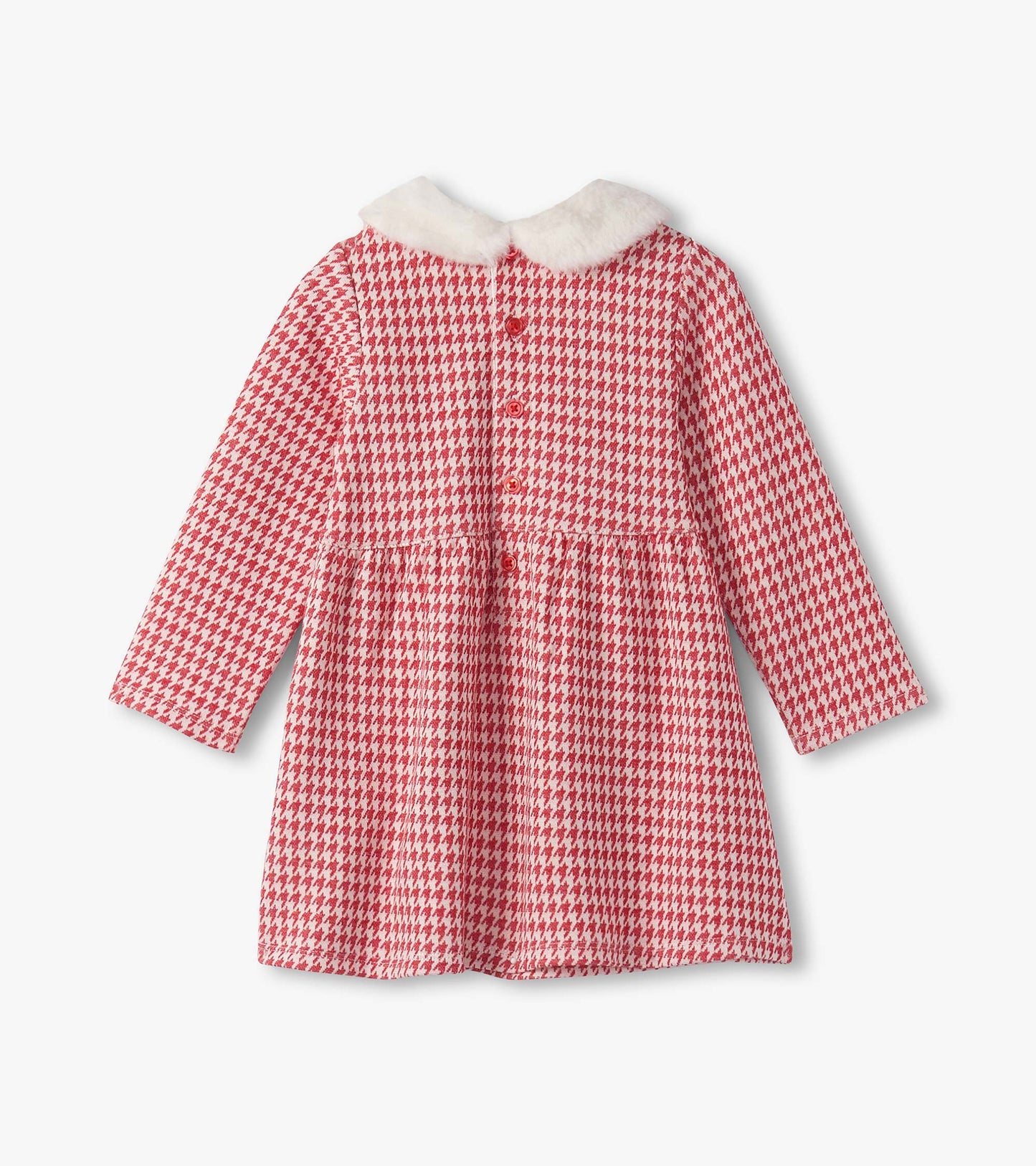 Red houndstooth dress with long sleeves and a faux fur collar, featuring a button closure at the back.