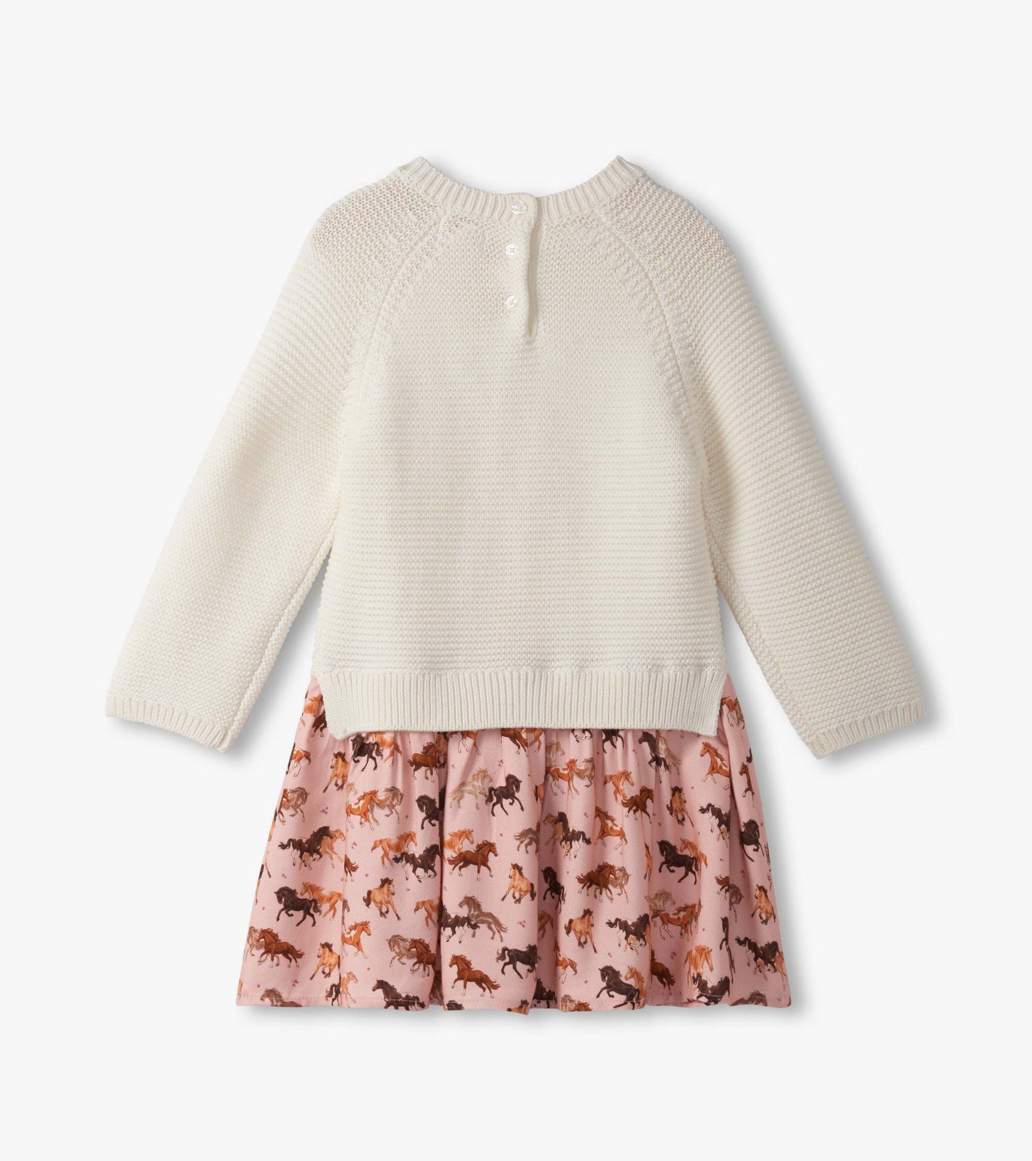 Cream knit sweater top with a pink skirt featuring a horse print, designed for baby and toddler girls.