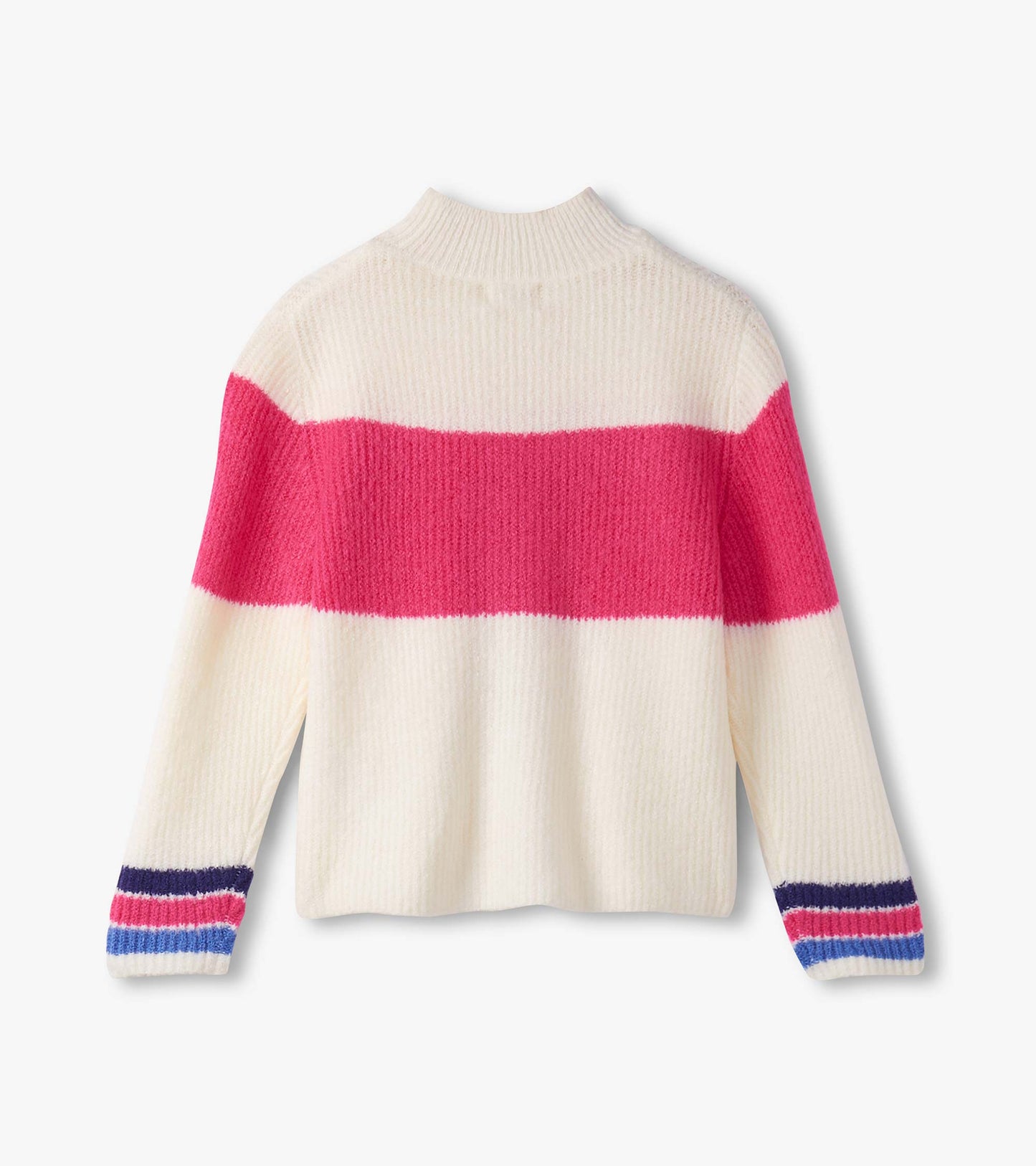 Girls' mockneck sweater featuring a cream base with bold pink and navy colorblock stripes, showcasing a cozy knit texture.