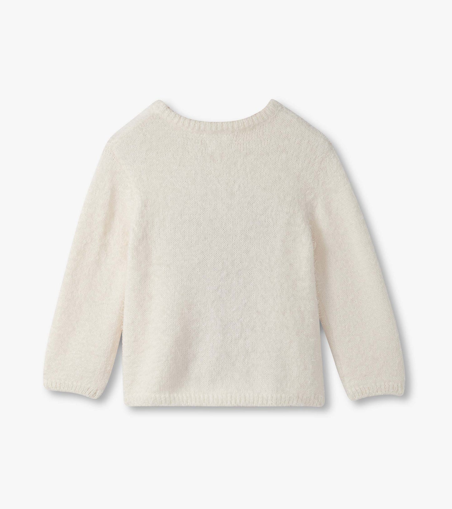 Cream-colored, fluffy sweater for baby and toddler girls with long sleeves and a round neckline.