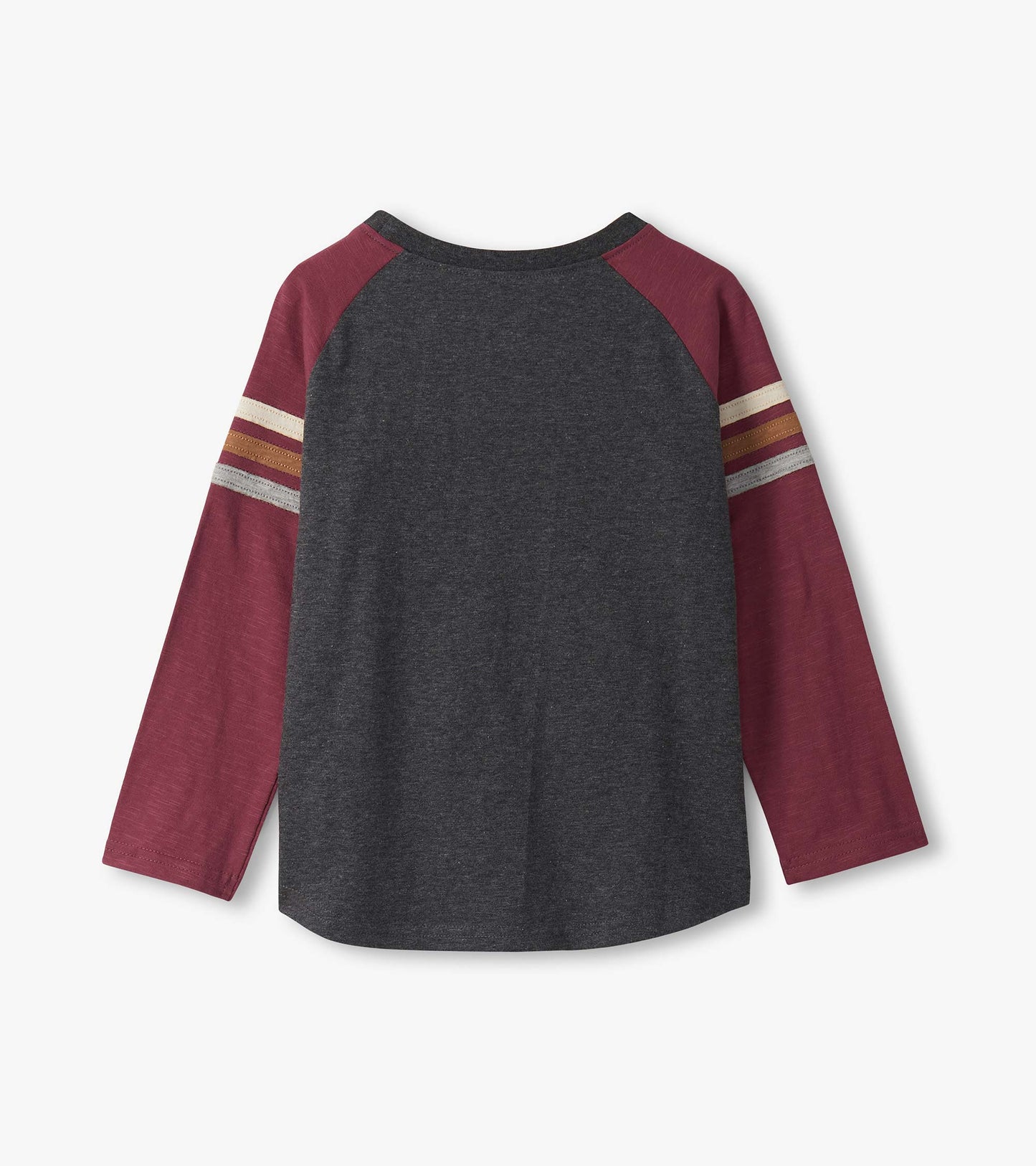 Long sleeve raglan t-shirt featuring maroon sleeves and a dark gray body with striped accents on the sleeves.