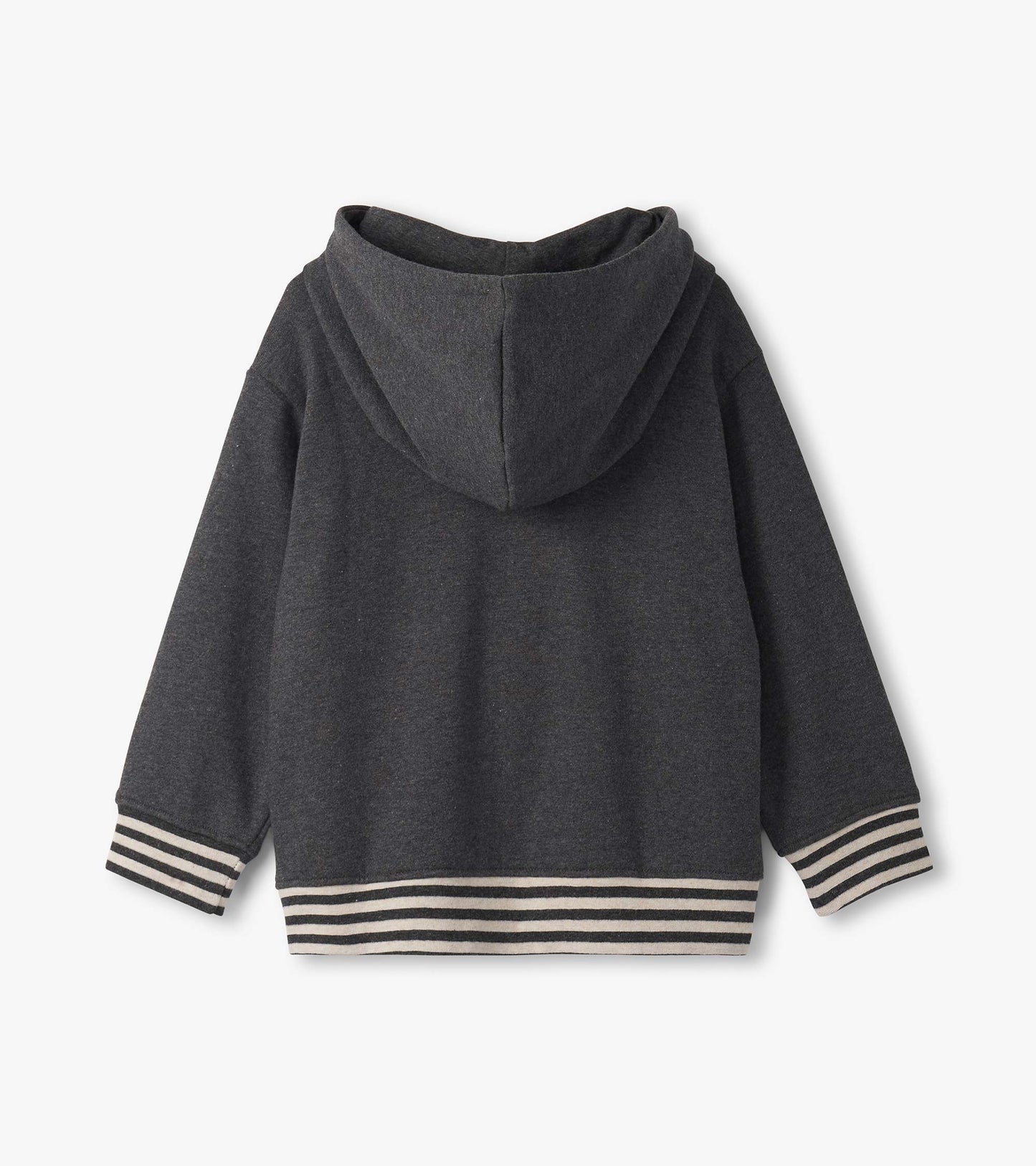 Charcoal melange pullover hoodie with a hood and striped cuffs, shown from the back.