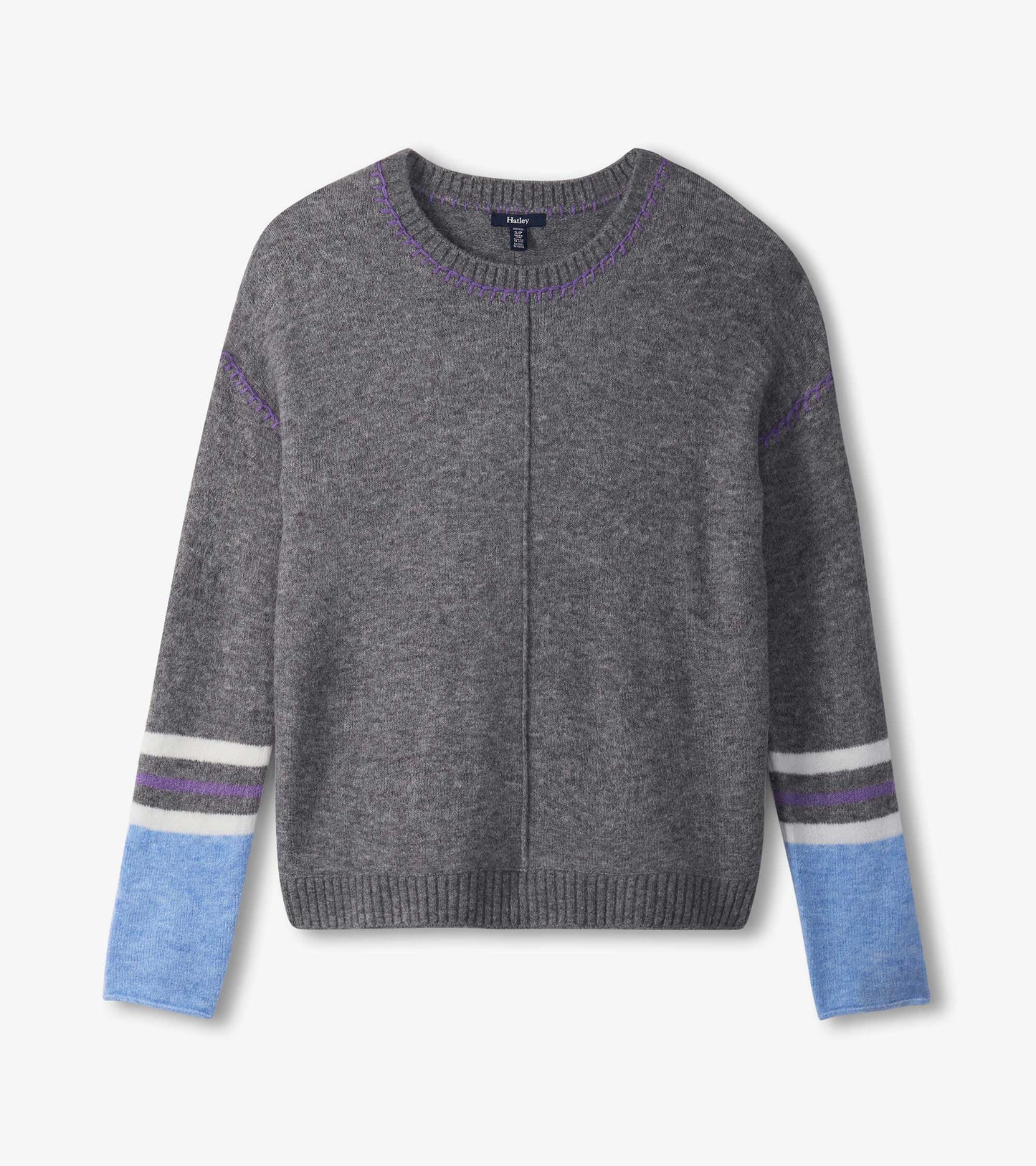 Charcoal melange sweater with a round neck and colorful striped sleeves in blue, purple, and white.