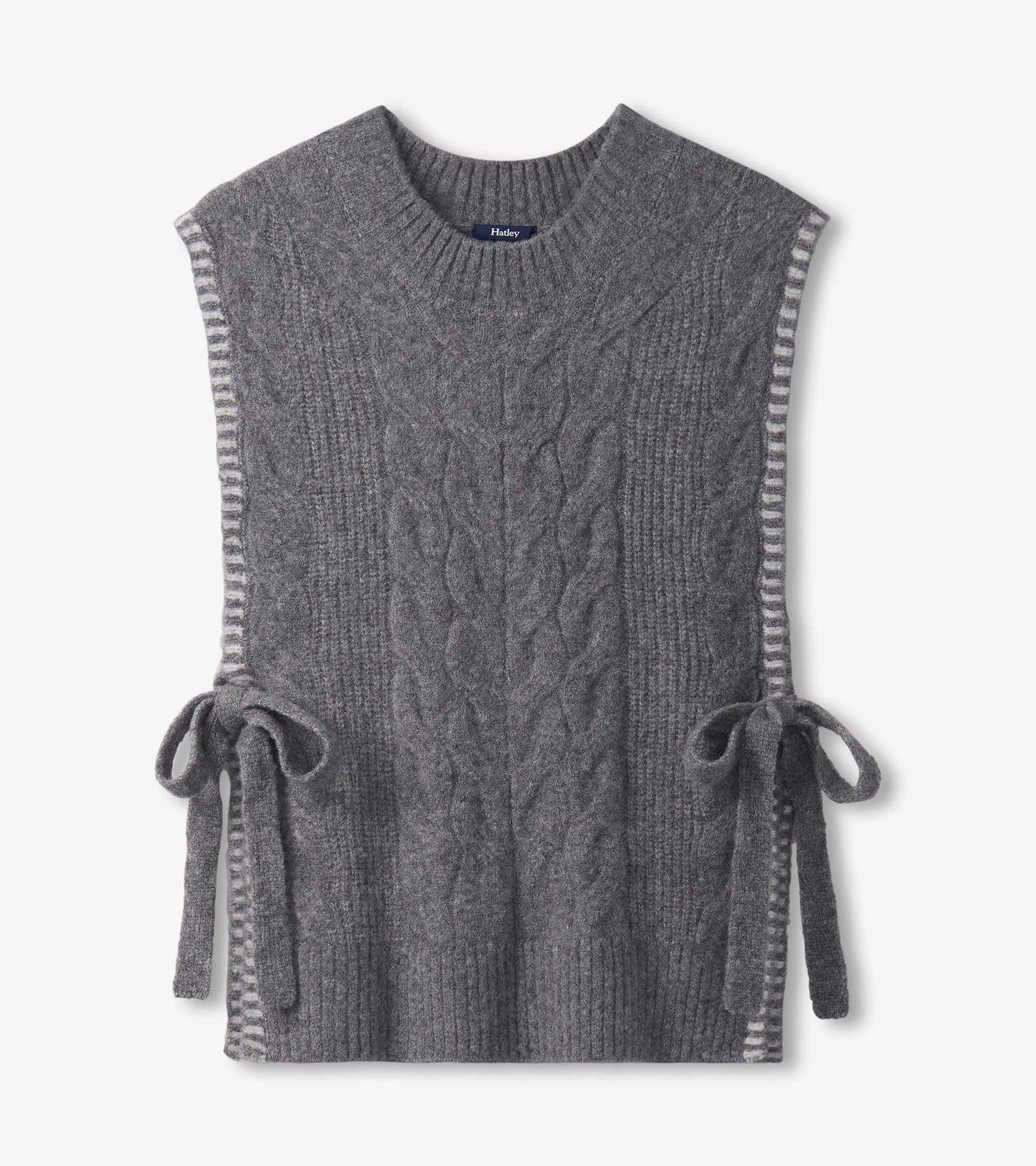 Charcoal melange side-tie sweater vest with cable knit pattern and striped trim, featuring a crew neckline.