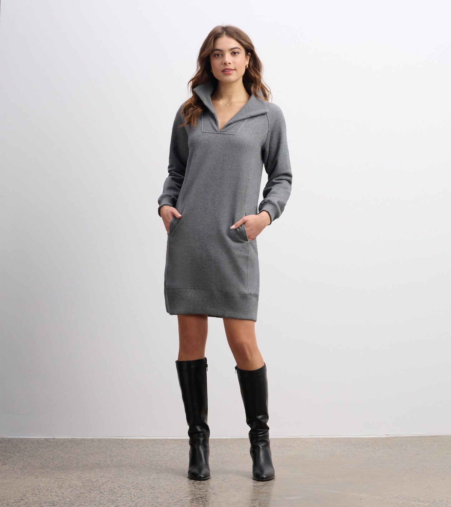 Anna Notch Neck Dress - Charcoal Melange