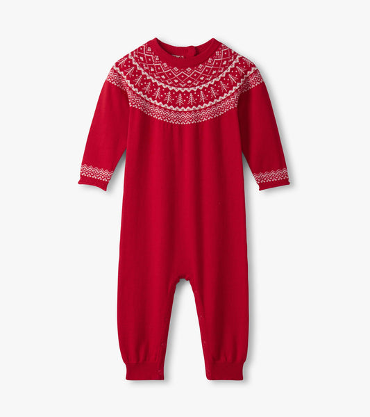 Red Fair Isle sweater romper with long sleeves and decorative white patterns, featuring snap closures at the bottom.
