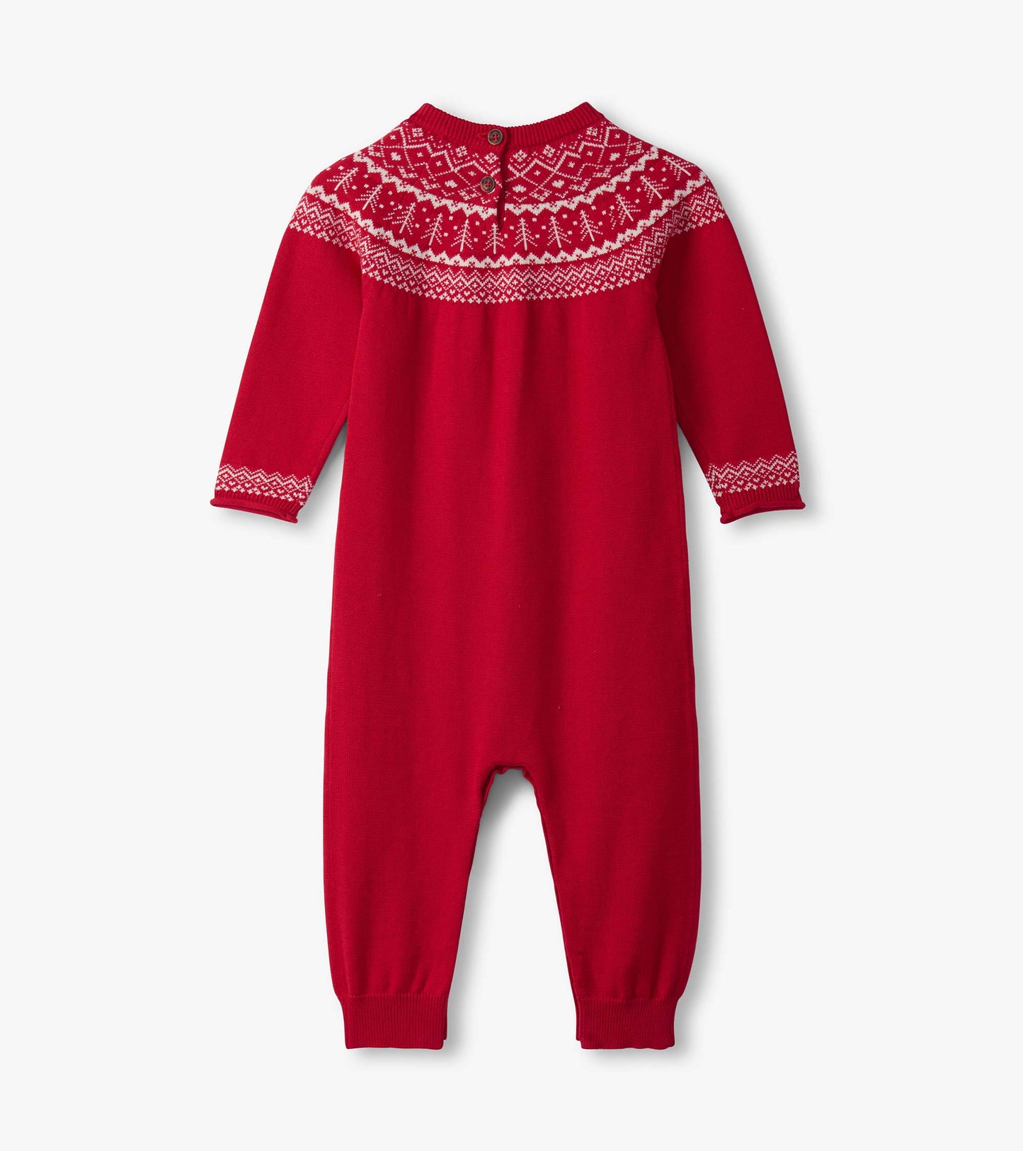 Red Fair Isle sweater romper with long sleeves and button closure at the back, featuring a festive patterned yoke.