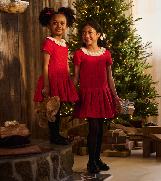 Girls Sparkle Boucle Pleated Lace Collar Dress