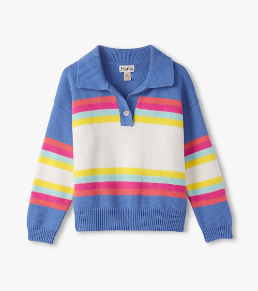 Colorblock sweater featuring blue, white, and vibrant stripes in pink, yellow, and aqua; collared design with button.