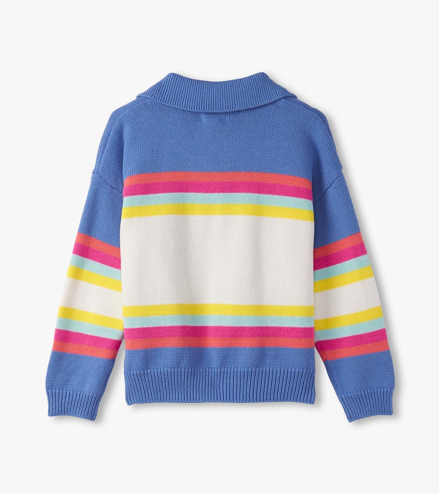 Colorblock sweater featuring blue, white, and vibrant stripes in pink, yellow, and aqua, with a Johnny collar design.