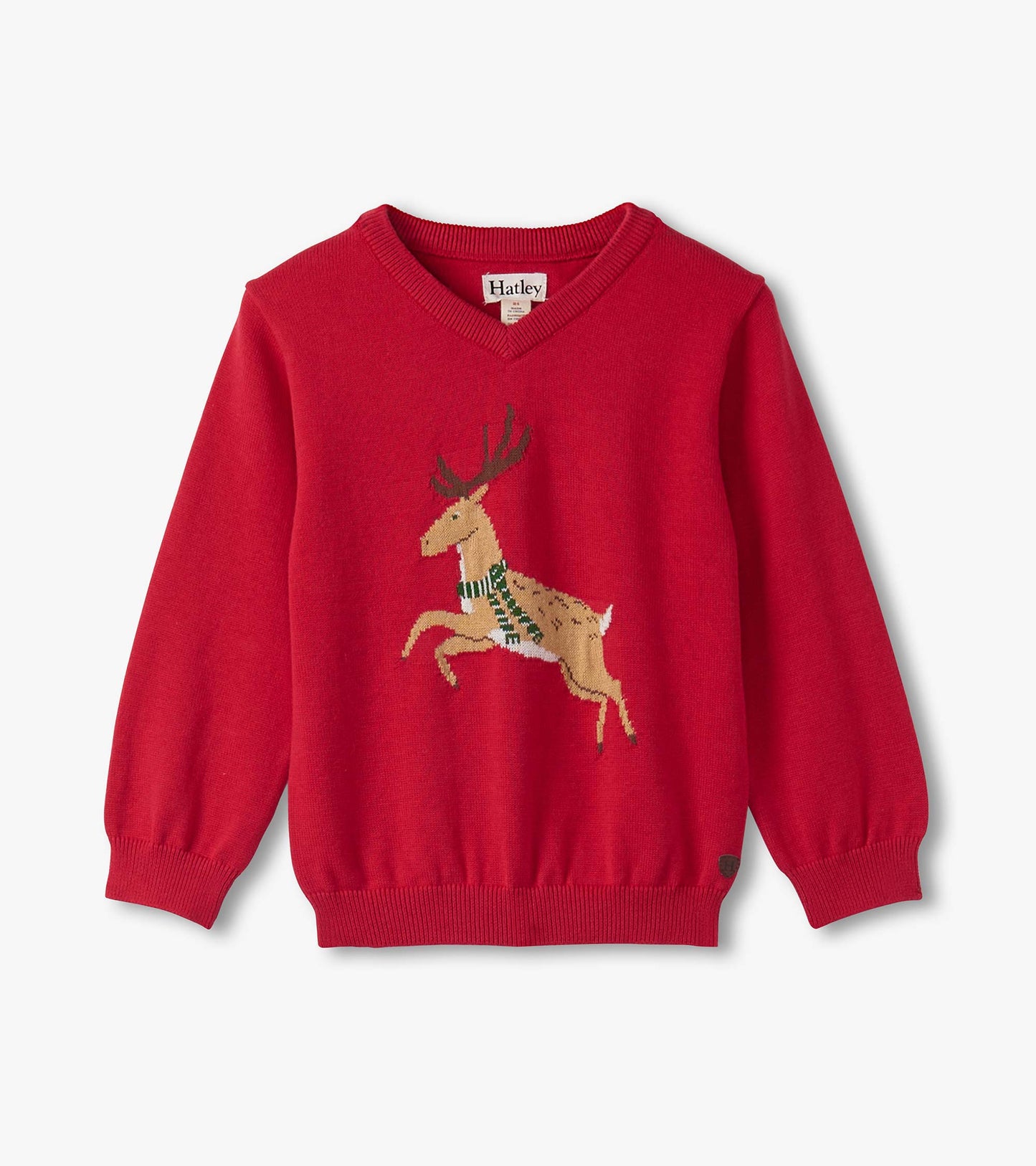 Red V-neck sweater featuring a leaping deer design with a green scarf, suitable for baby and toddler boys.