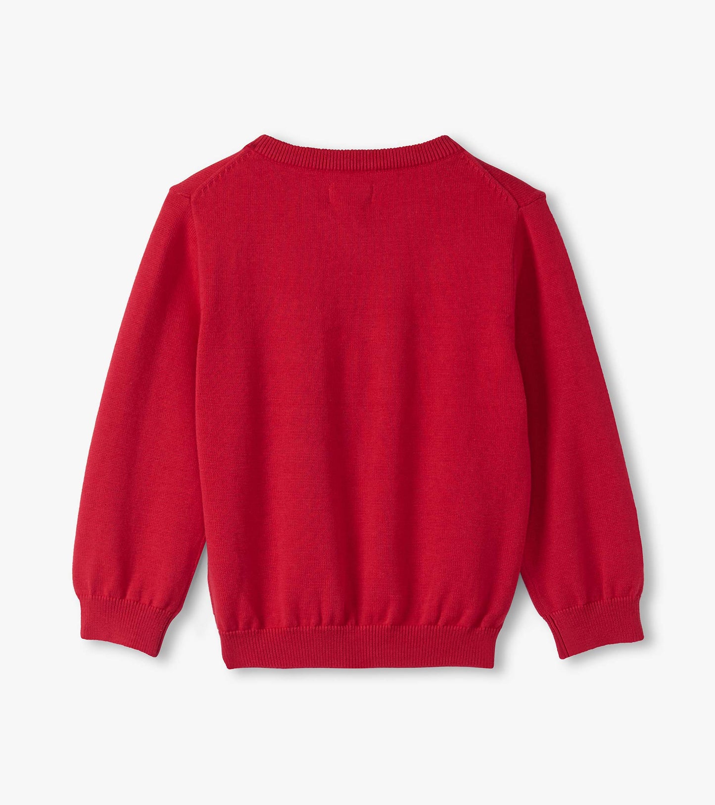 Red V-neck sweater for baby and toddler boys, featuring long sleeves and a ribbed hem, shown from the back.