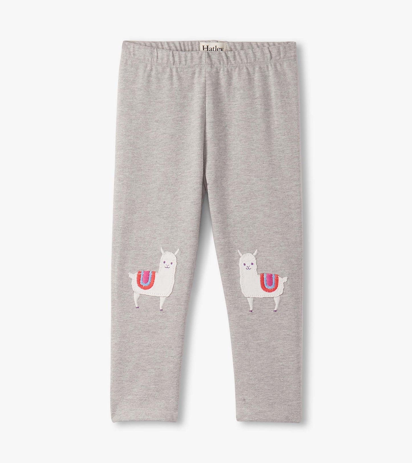 Gray leggings featuring cute embroidered alpacas on the sides, designed for baby and toddler girls.