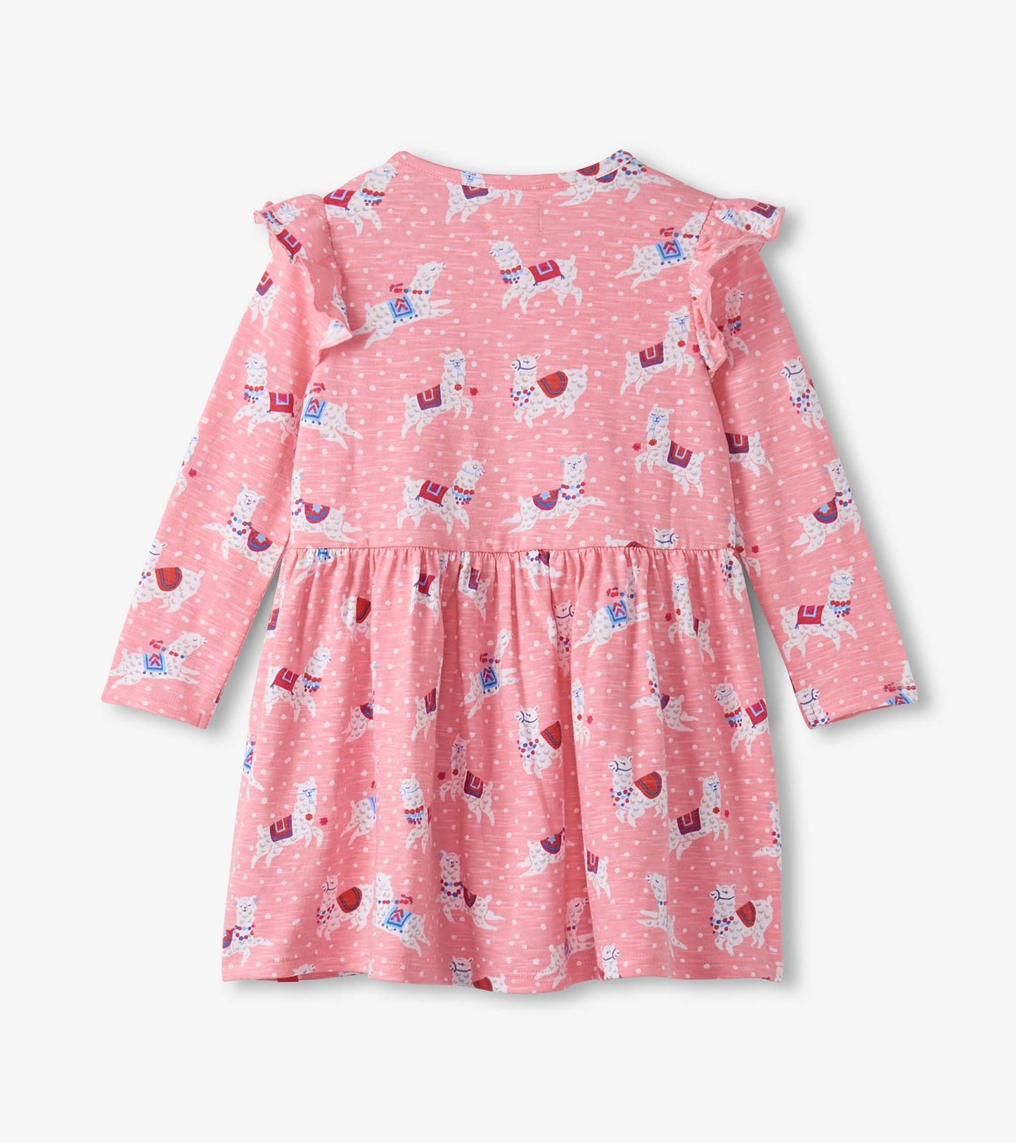 Pink long-sleeve dress with ruffle sleeves, featuring a playful alpaca print and a gathered waist.