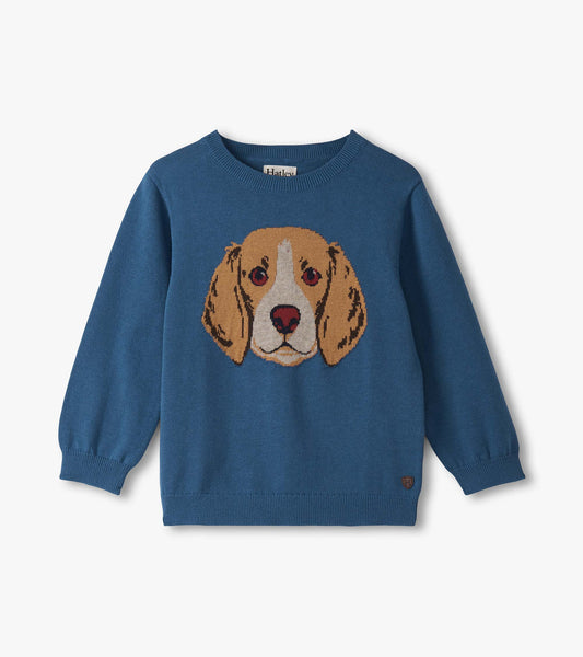 Blue crew neck sweater featuring a playful puppy face design, suitable for baby and toddler boys.