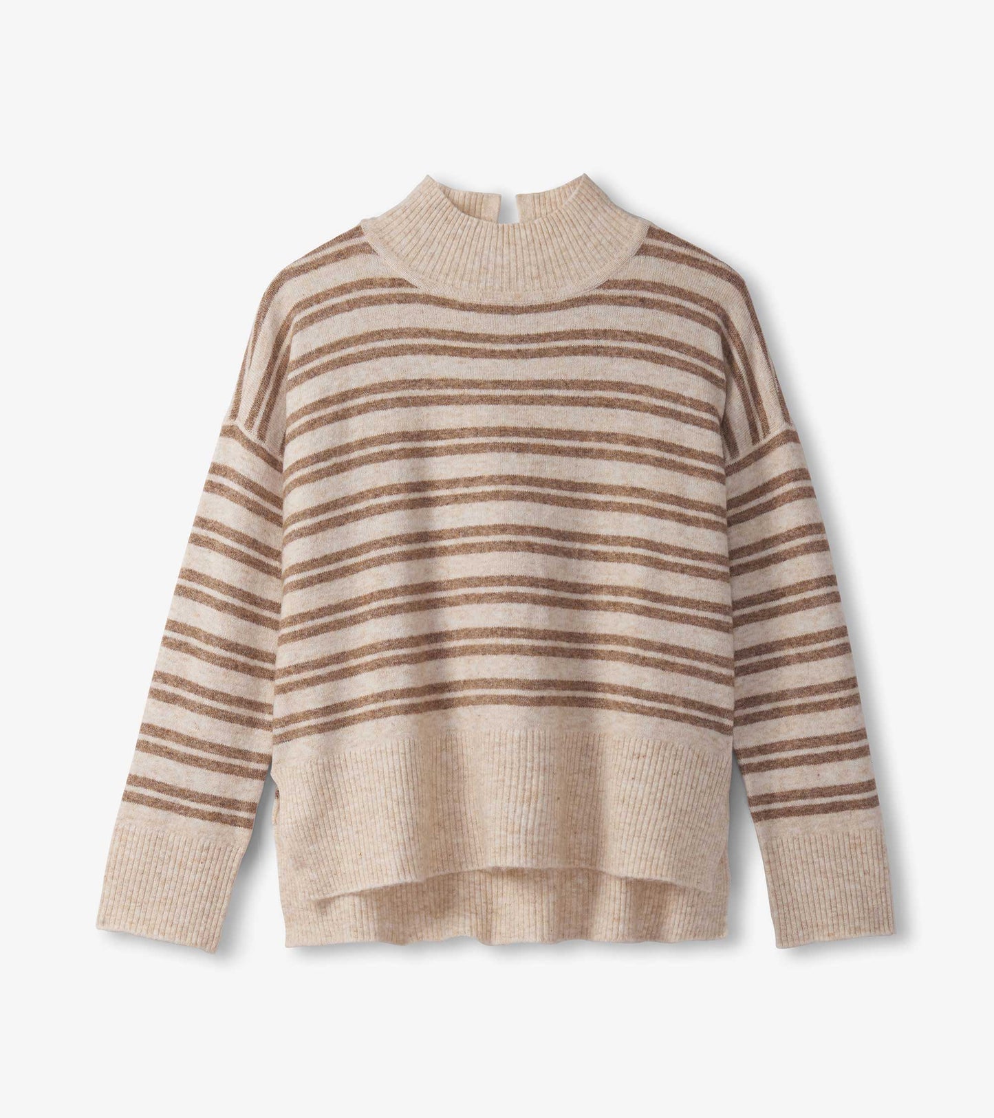 Mock neck sweater in camel with horizontal double stripes, featuring a relaxed fit and ribbed hem.
