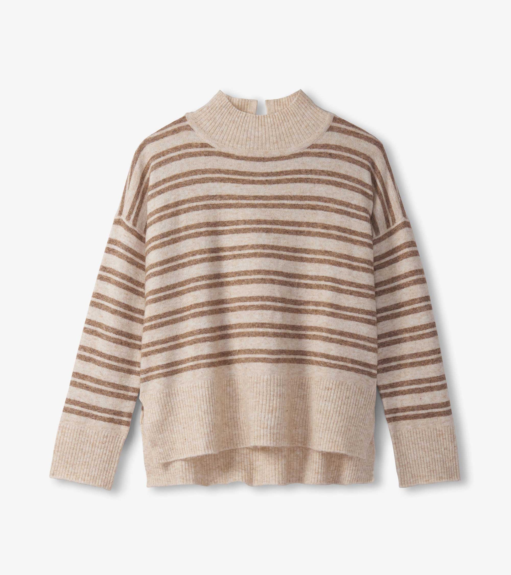 Mock neck sweater in camel with horizontal double stripes, featuring a relaxed fit and ribbed hem.