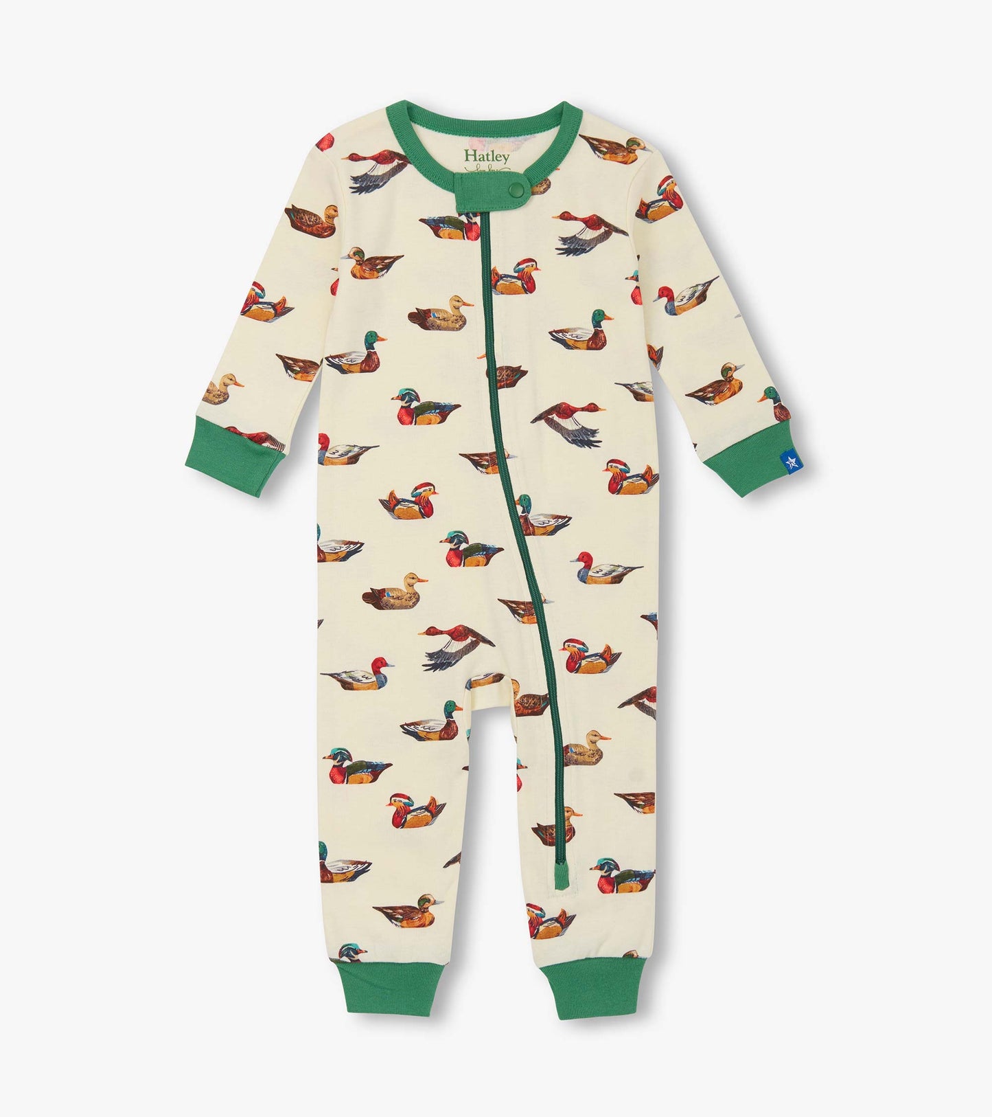 Cream cotton sleeper featuring colorful duck decoy prints and green trim, suitable for baby boys.