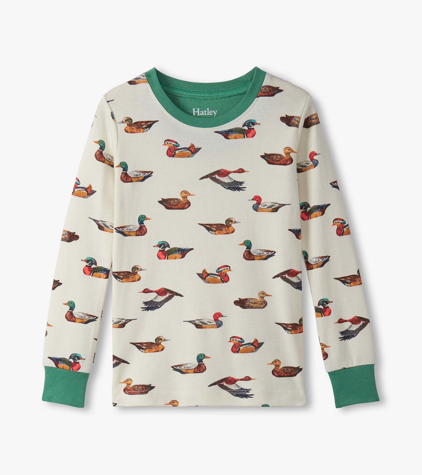 Cotton pajama top featuring a cream background with colorful duck prints and green cuffs. Ideal for boys' sleepwear.