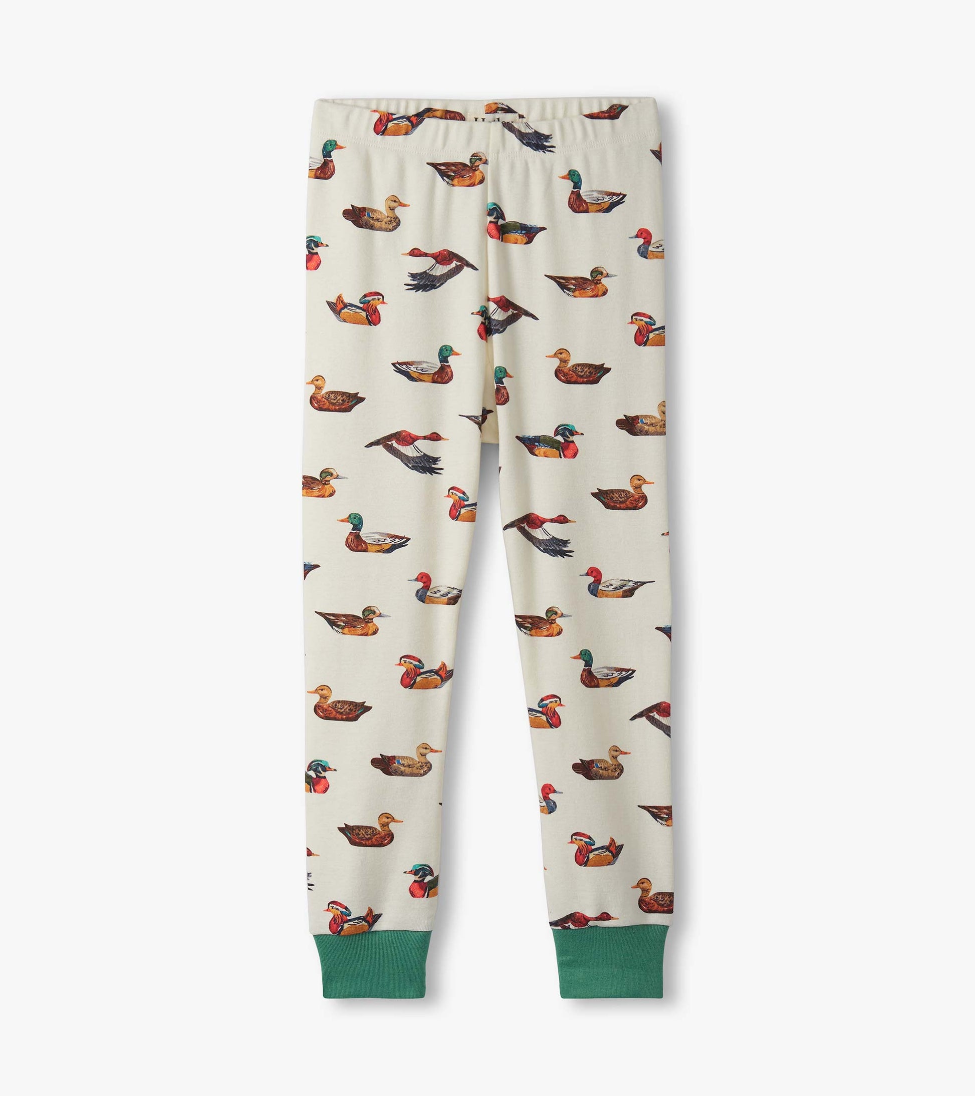 Cotton pajama pants featuring a playful duck decoy pattern on a cream background with green cuffs.