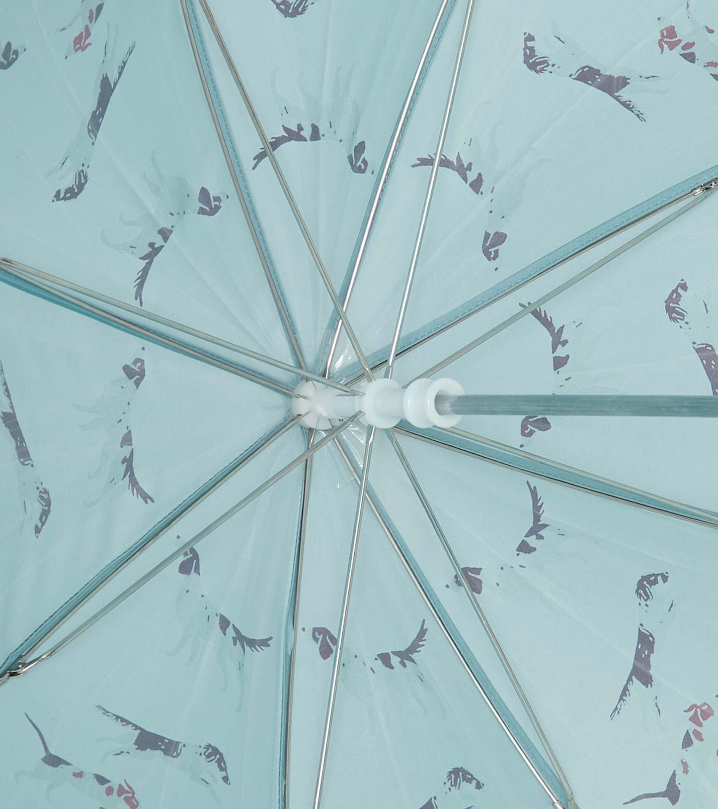 Light blue umbrella featuring playful dog prints, with a sturdy metal frame and a rounded handle.