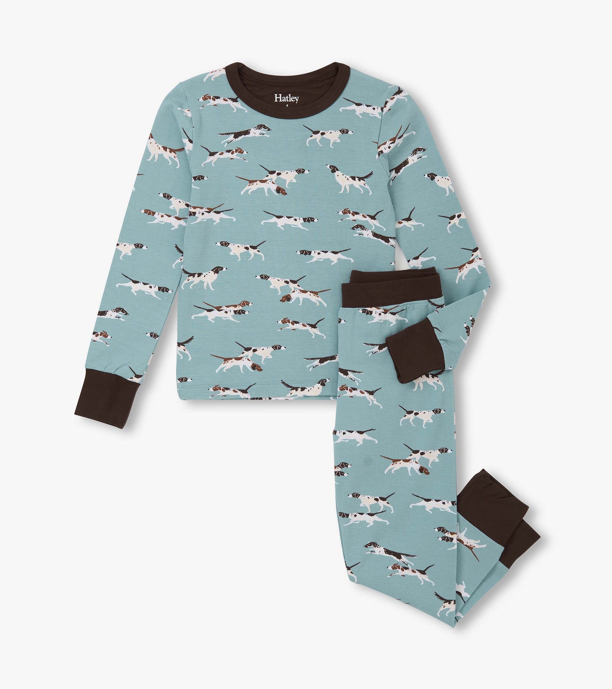 Boys' bamboo pajama set featuring a playful dog print on a teal background with brown cuffs and neckline.