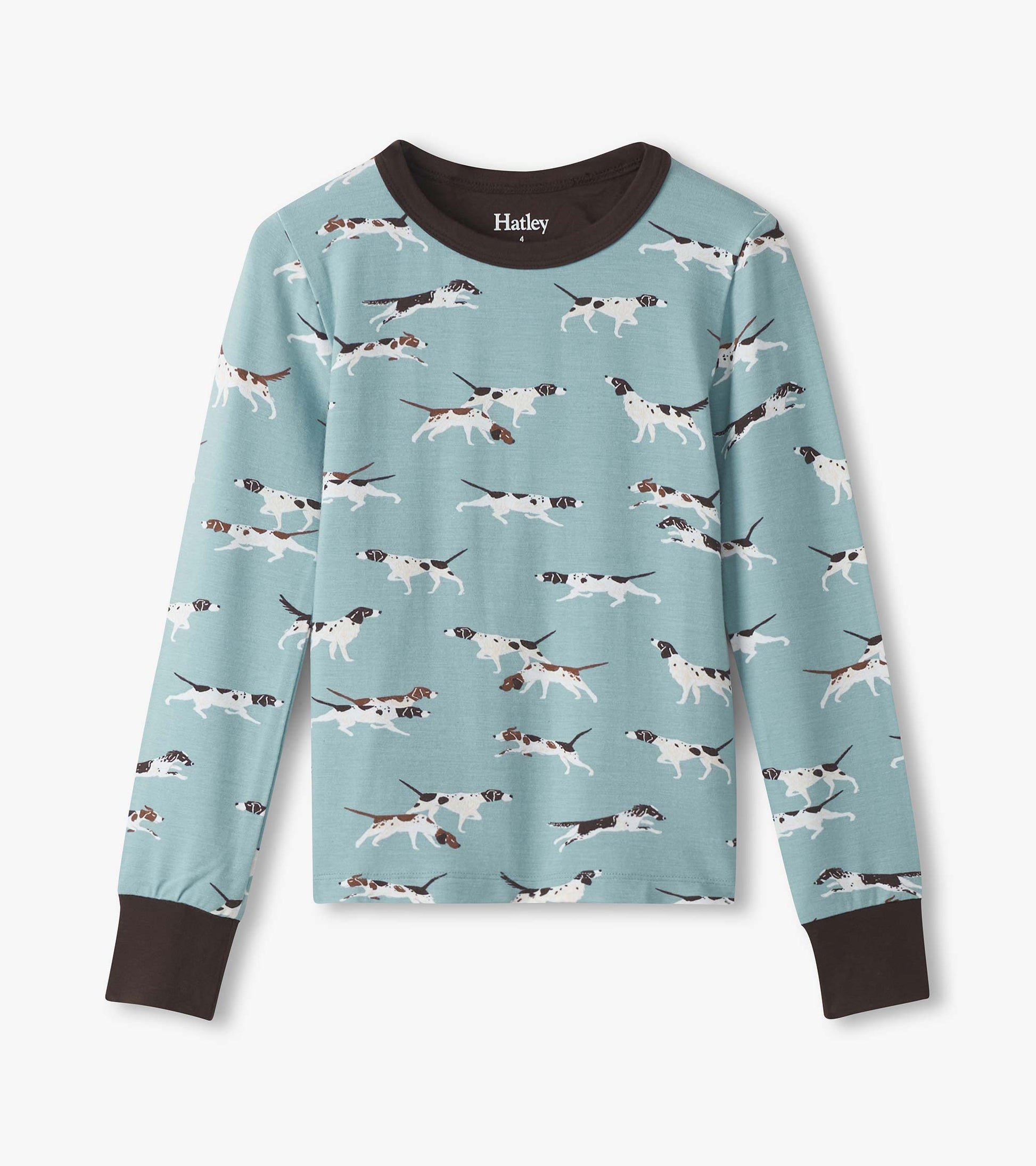 Light blue bamboo pajama top featuring a playful dog print and brown cuffs, perfect for boys' sleepwear.