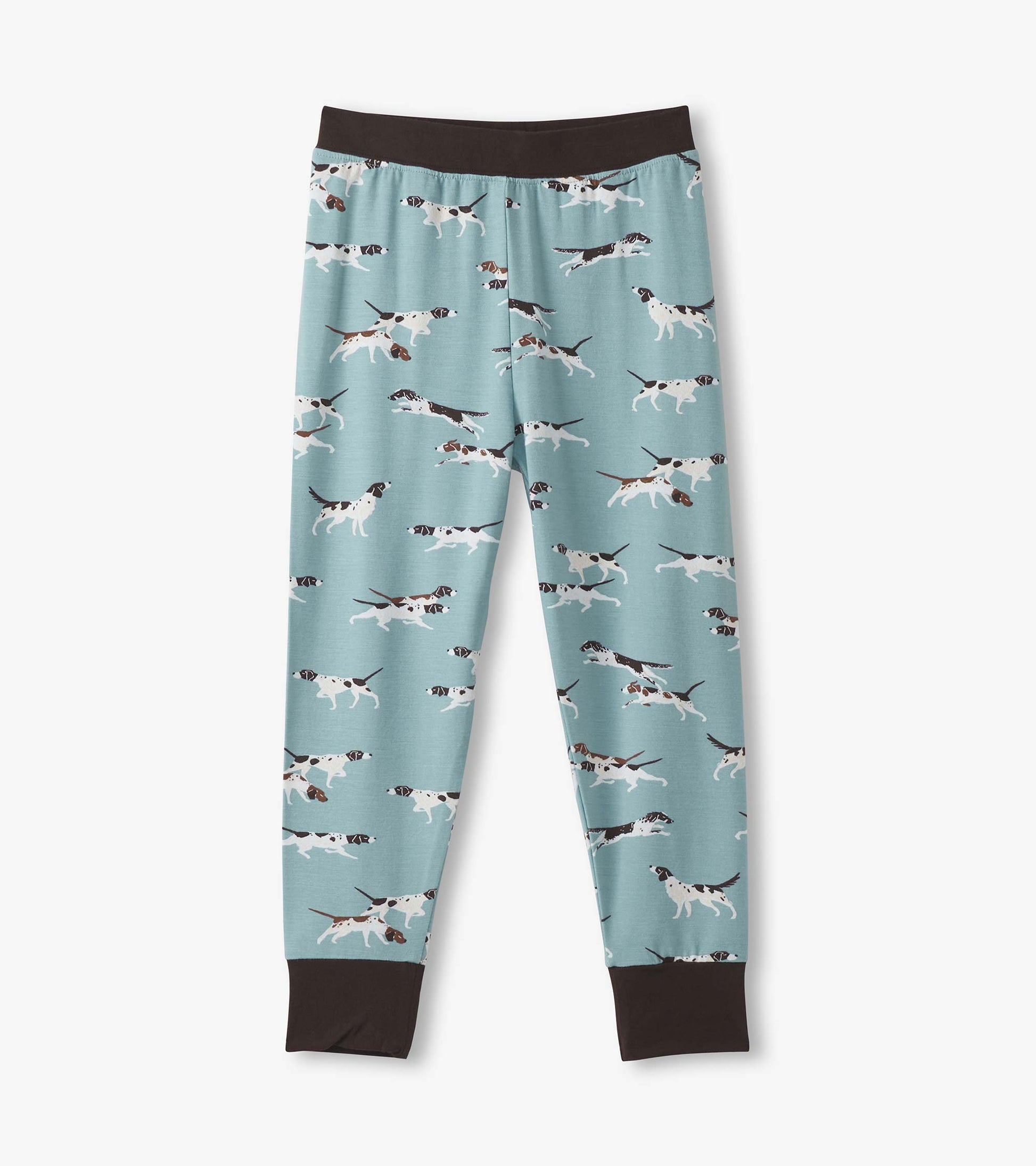 Light blue bamboo pajama set featuring playful hunting dog patterns and dark brown cuffs. Ideal for comfortable sleepwear.