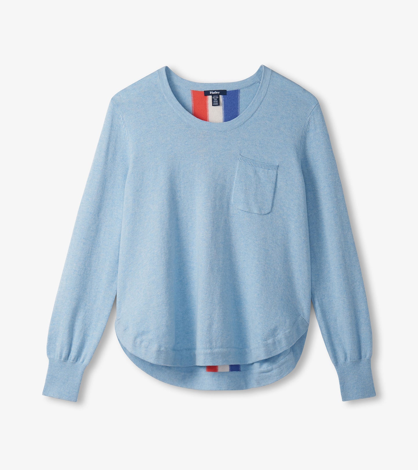 Light blue sweater with a round neckline, long sleeves, and a front pocket, featuring a curved hem and striped detail at the…
