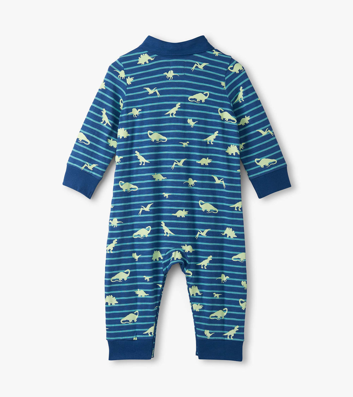 Back view of blue striped baby romper with light green dinosaur print, long sleeves, and cuffed ankles