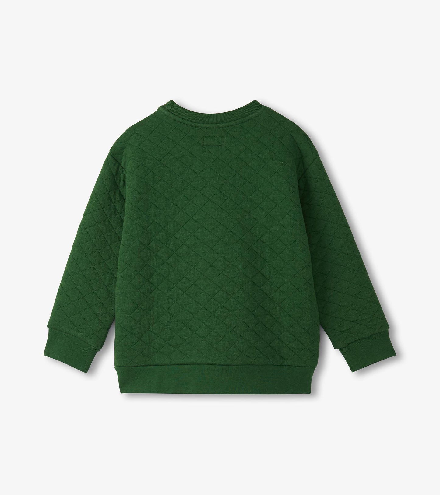Green quilted pullover with long sleeves and ribbed cuffs, featuring a textured diamond pattern.