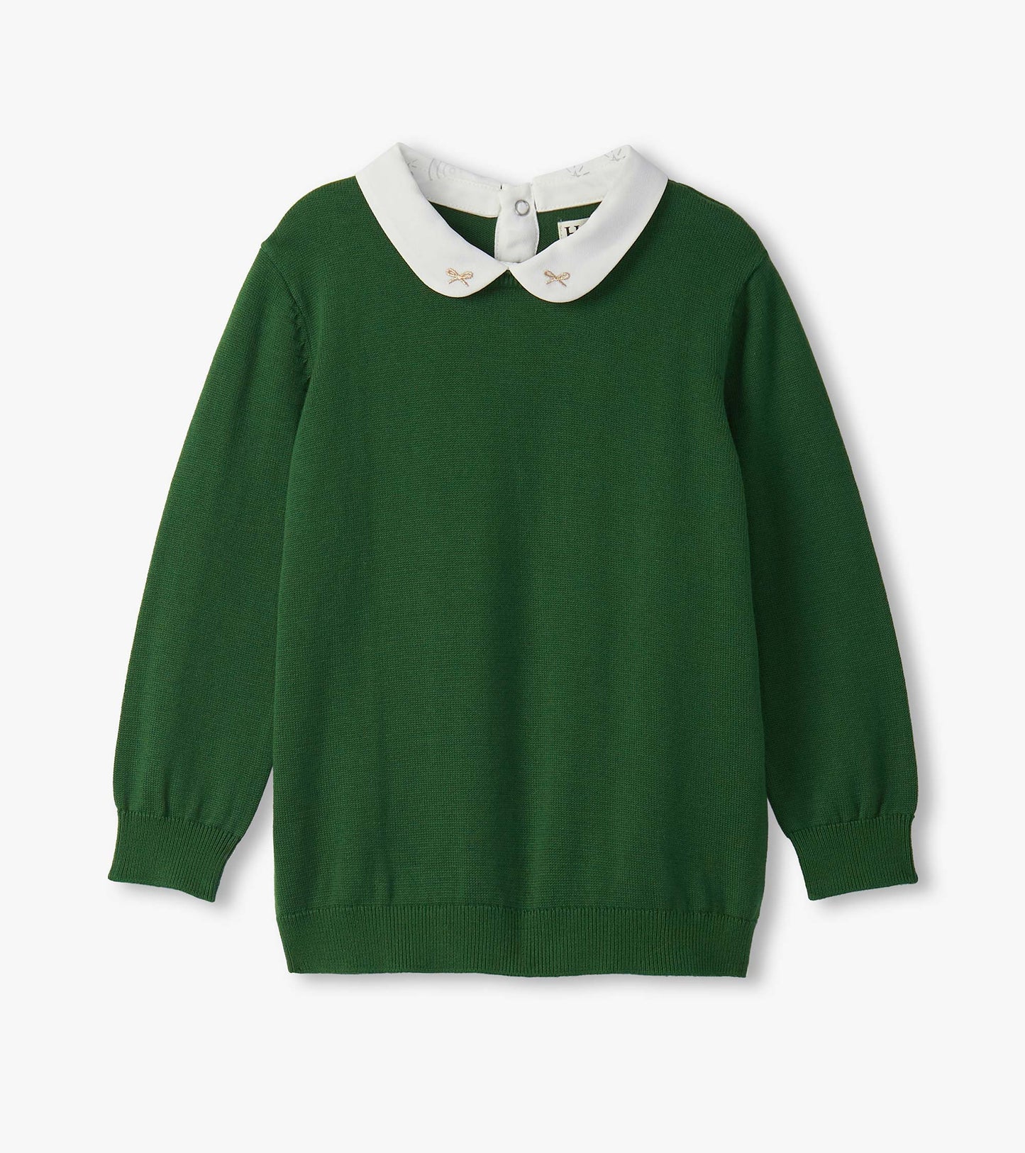 Green sweater with long sleeves and a white collar featuring bow details, suitable for girls.
