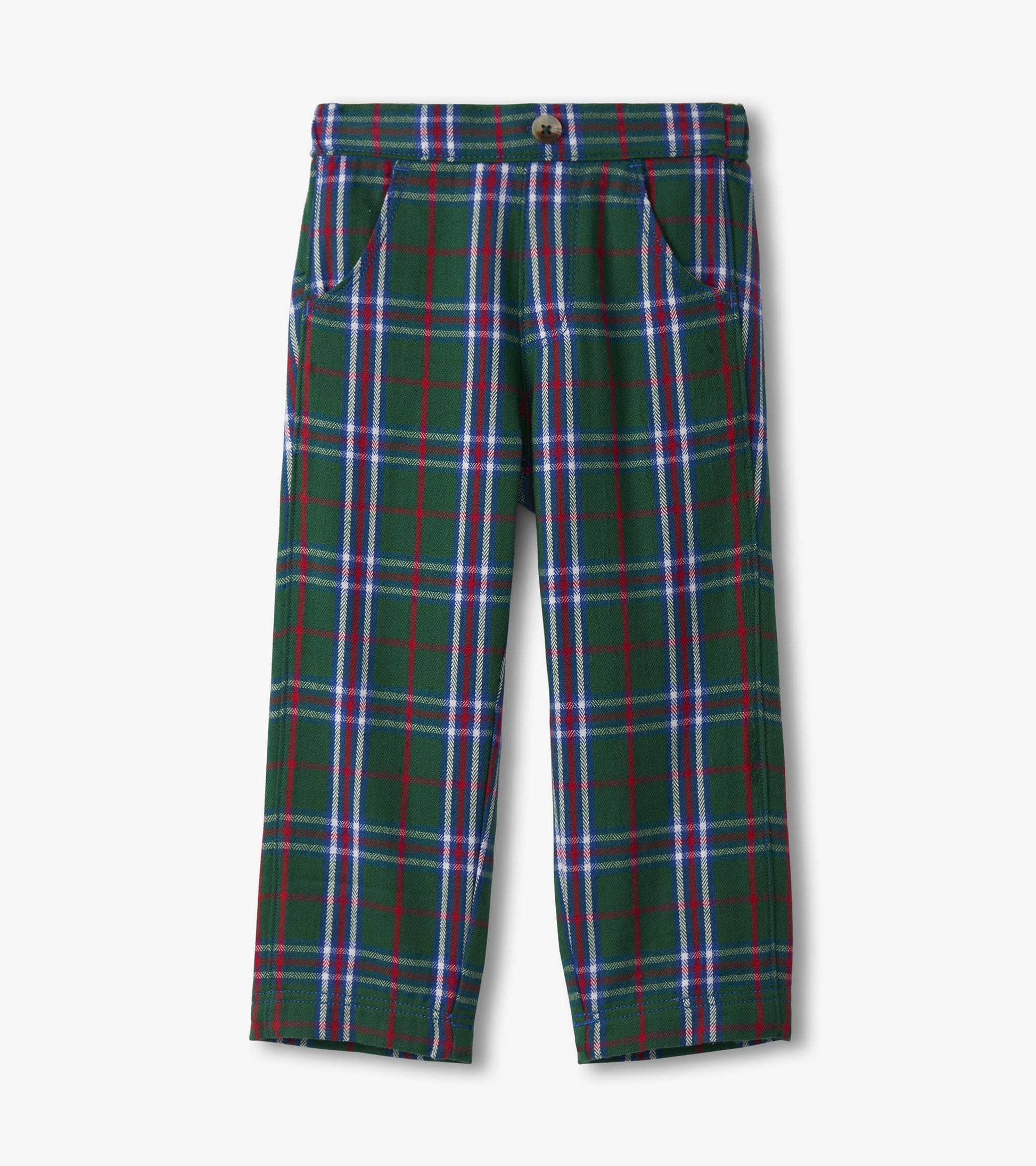 Green plaid straight leg pants with red and blue accents, featuring front pockets and a button closure.