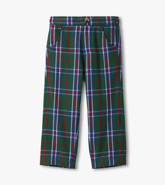 Green plaid straight leg pants with red and blue accents, featuring front pockets and a button closure.