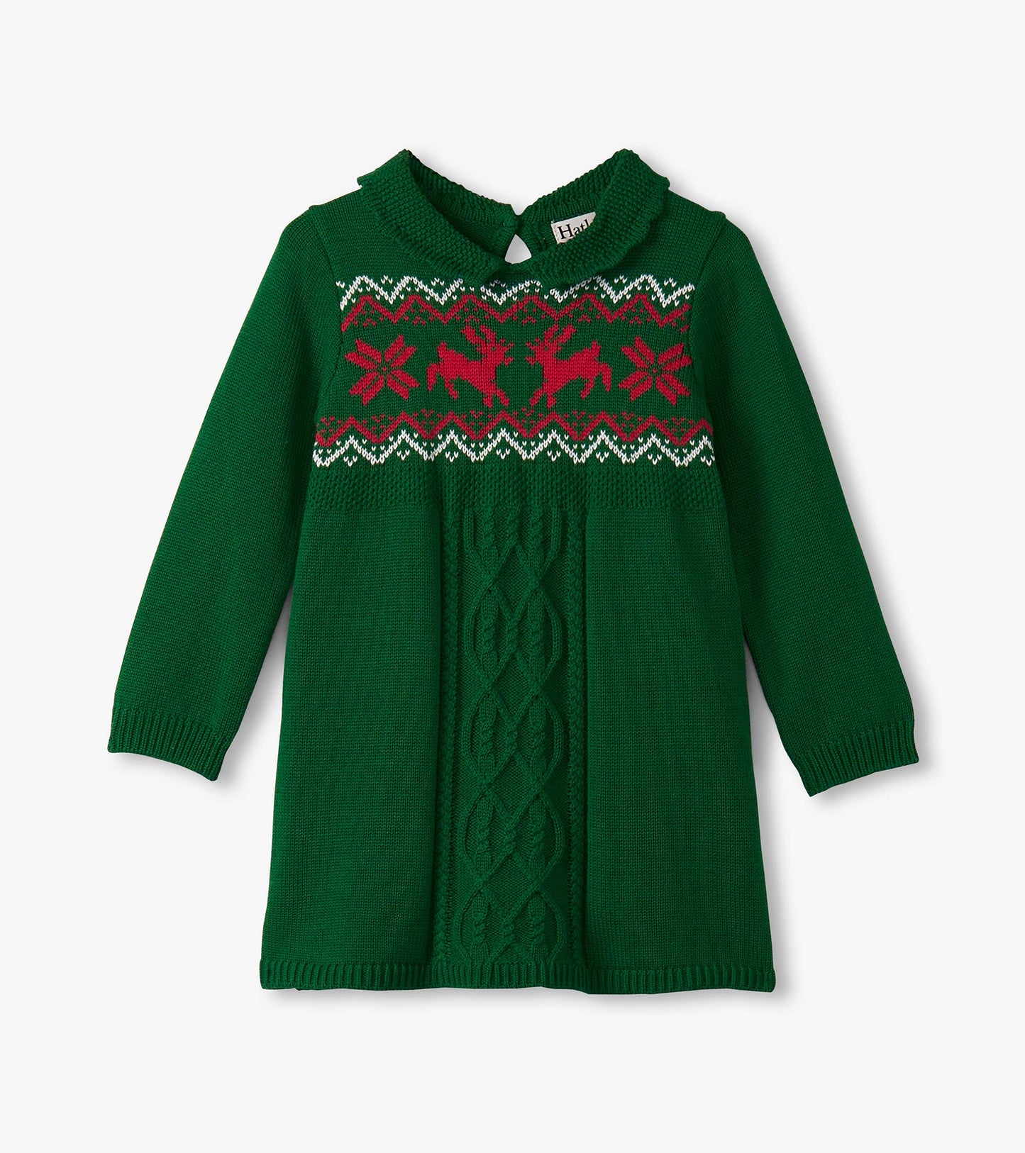 Green cable knit sweater dress with a floral and reindeer pattern, featuring a collared neckline and long sleeves.