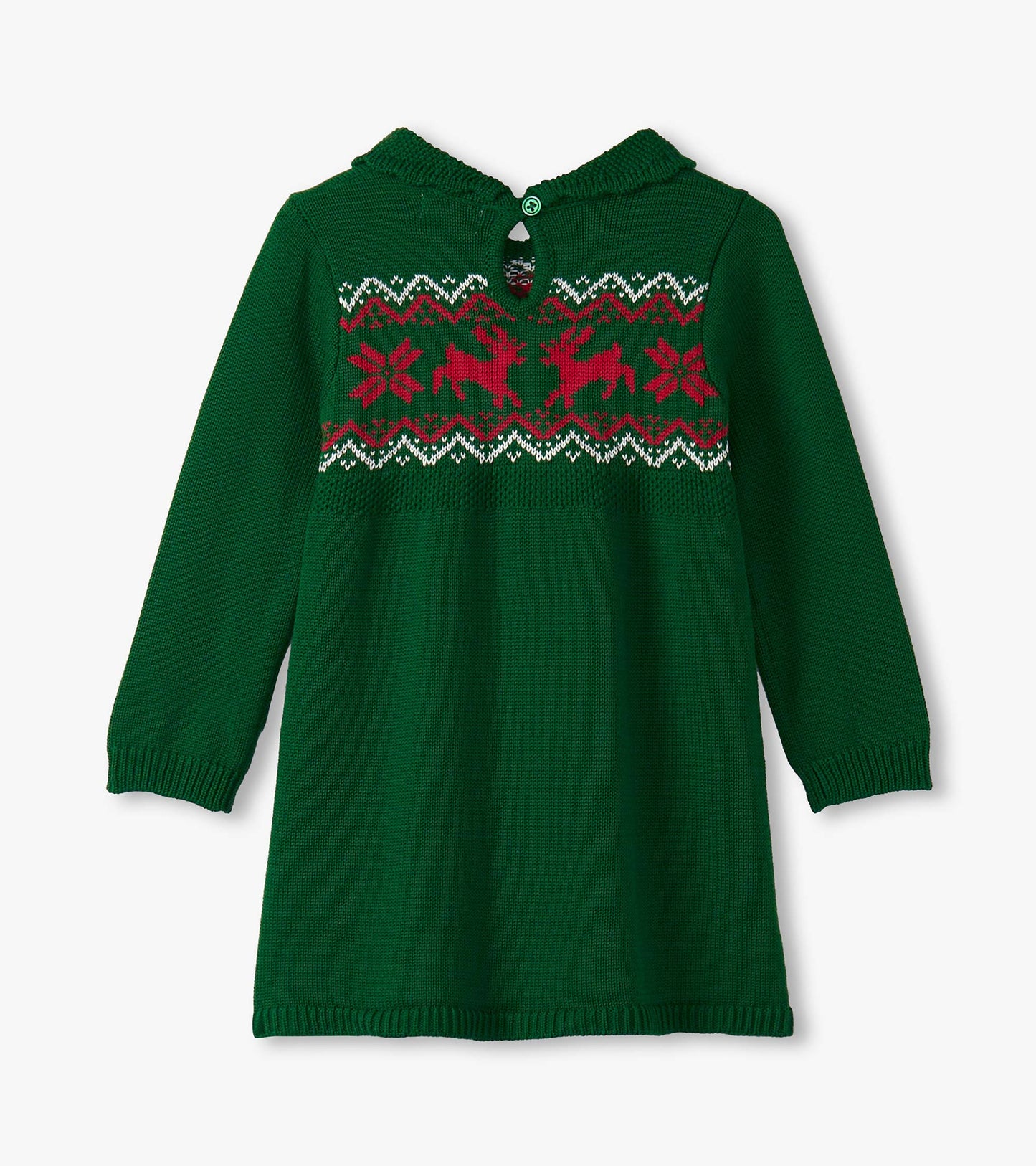 Green cable knit sweater dress featuring a festive red and white reindeer pattern and a button closure at the back.