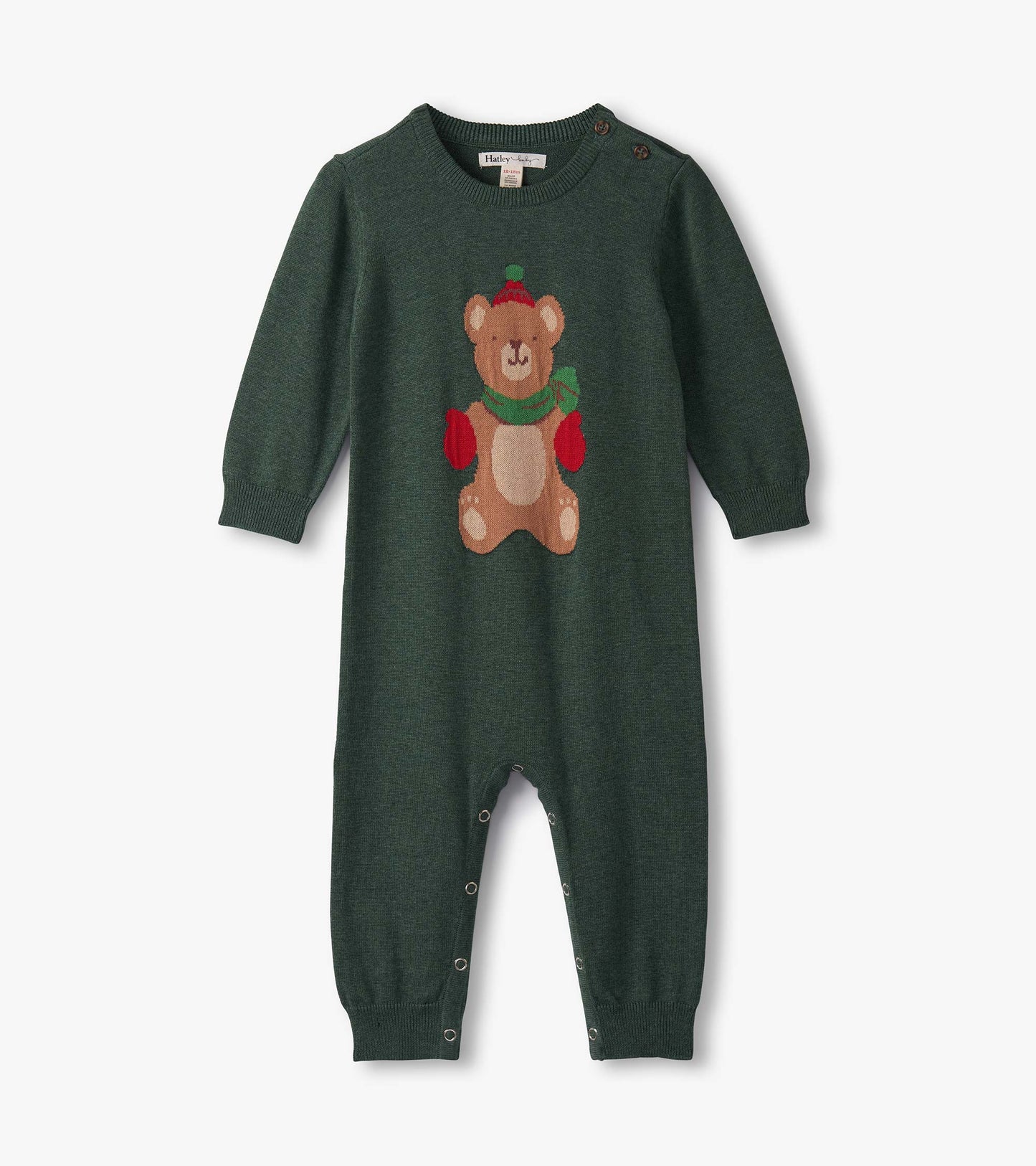 Green knitted romper featuring a teddy bear design on the front, with long sleeves and snap closures at the bottom.