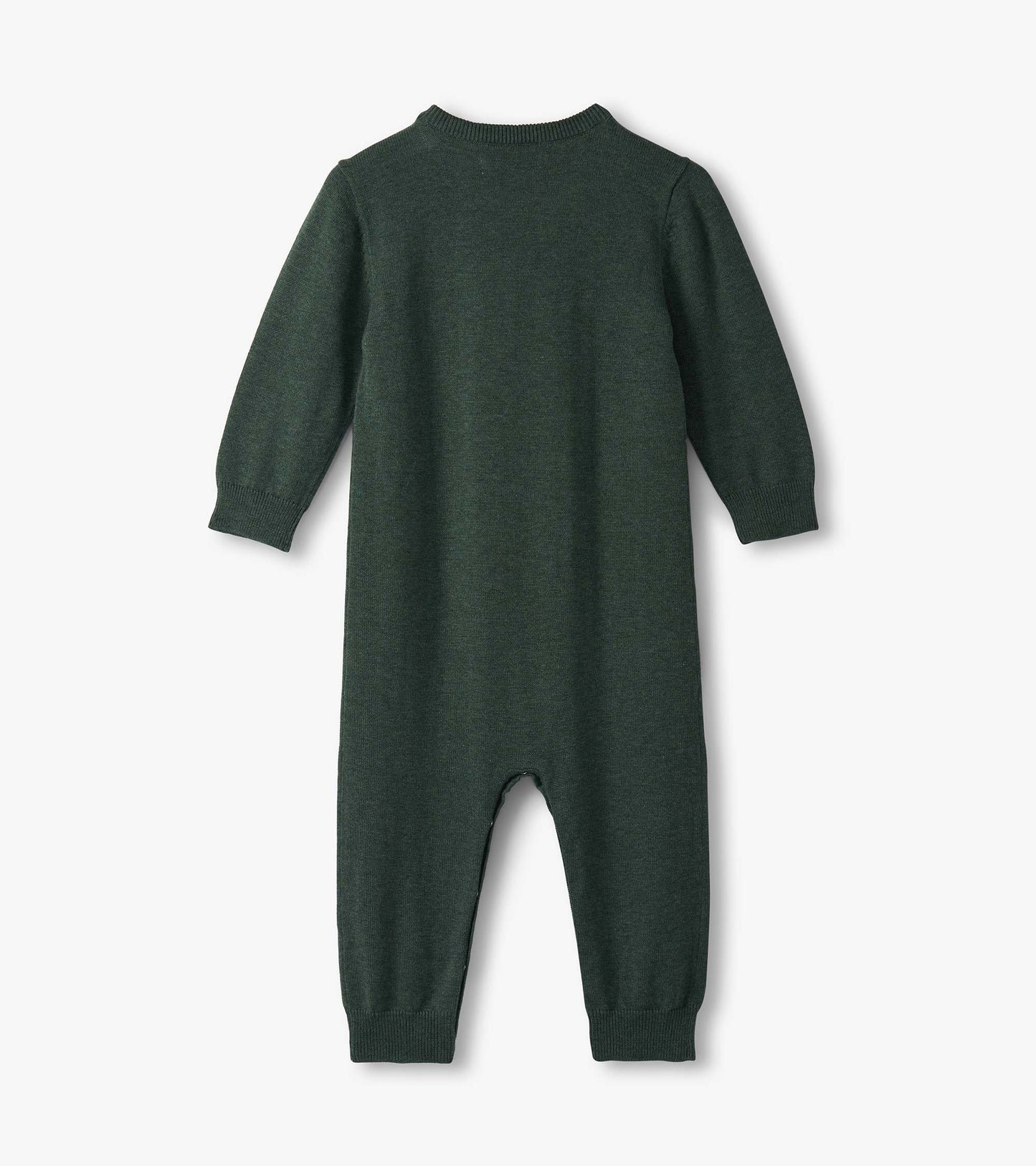 Dark green teddy bear sweater romper for baby boys, featuring long sleeves and a round neckline.