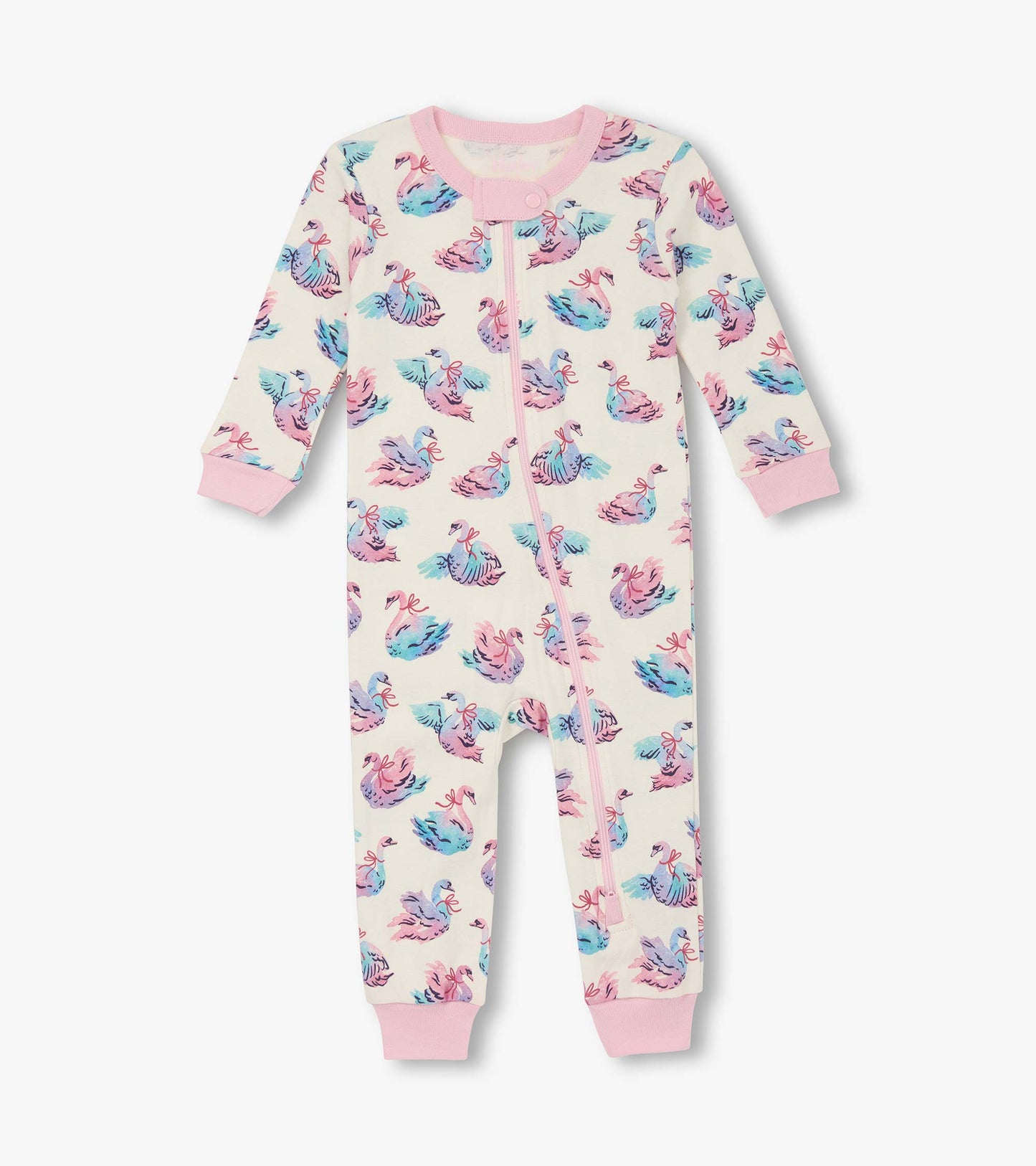 Cotton sleeper for baby girls featuring a pastel swan print with pink cuffs and a front zipper closure.
