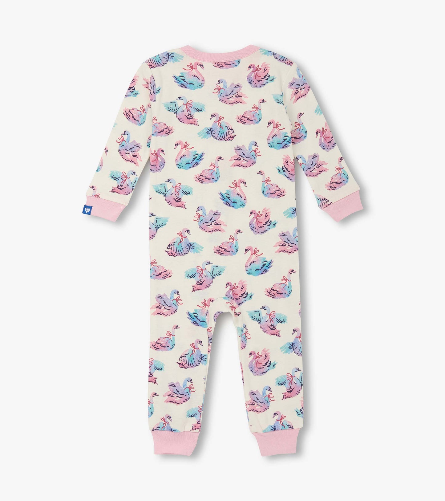 Cotton sleeper for baby girls featuring a pastel swan print on a cream background with pink cuffs and neckline.